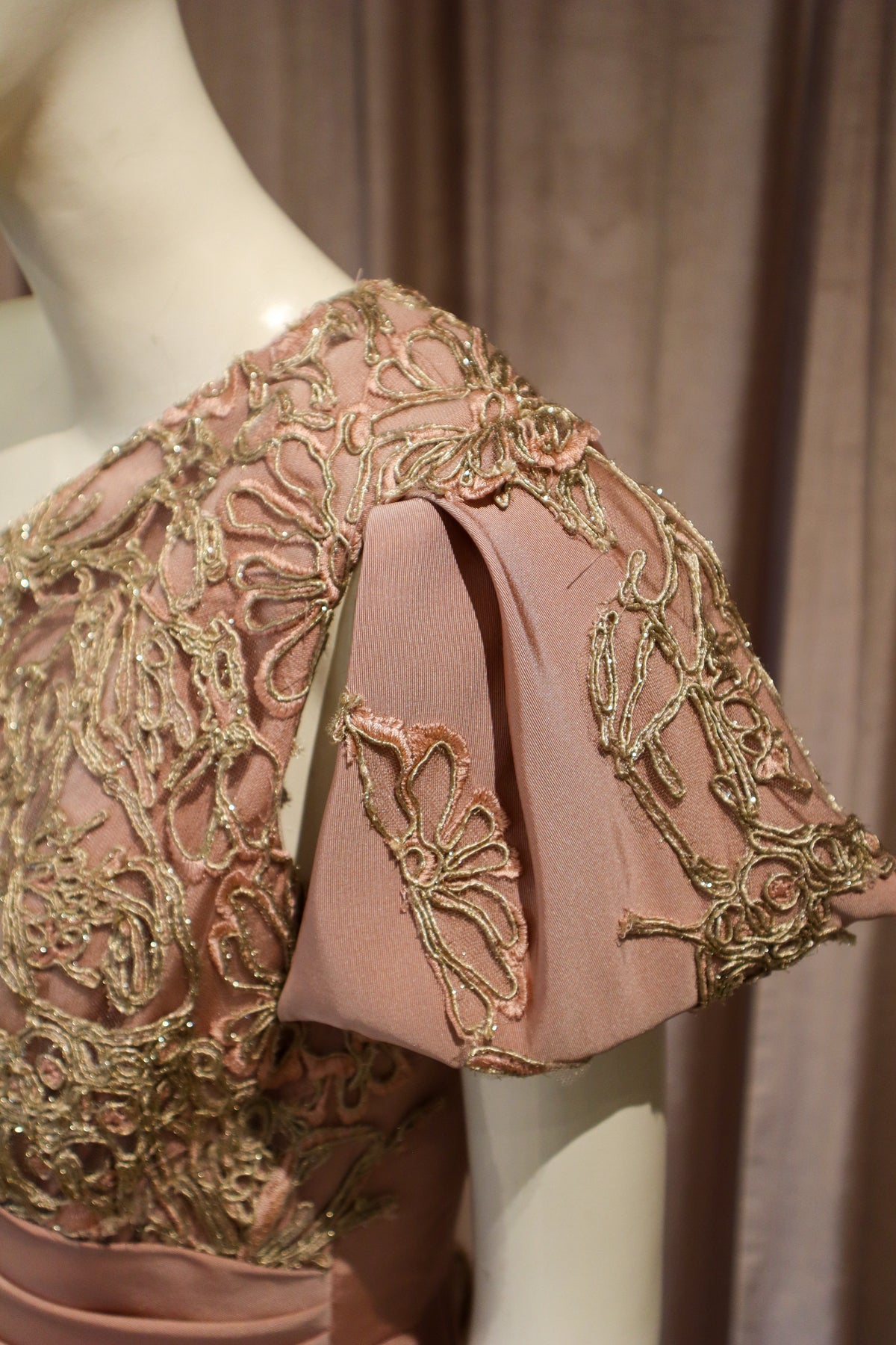 Biscay Dress | Silk Faille with Corded Gold Lace | Dusty Rose