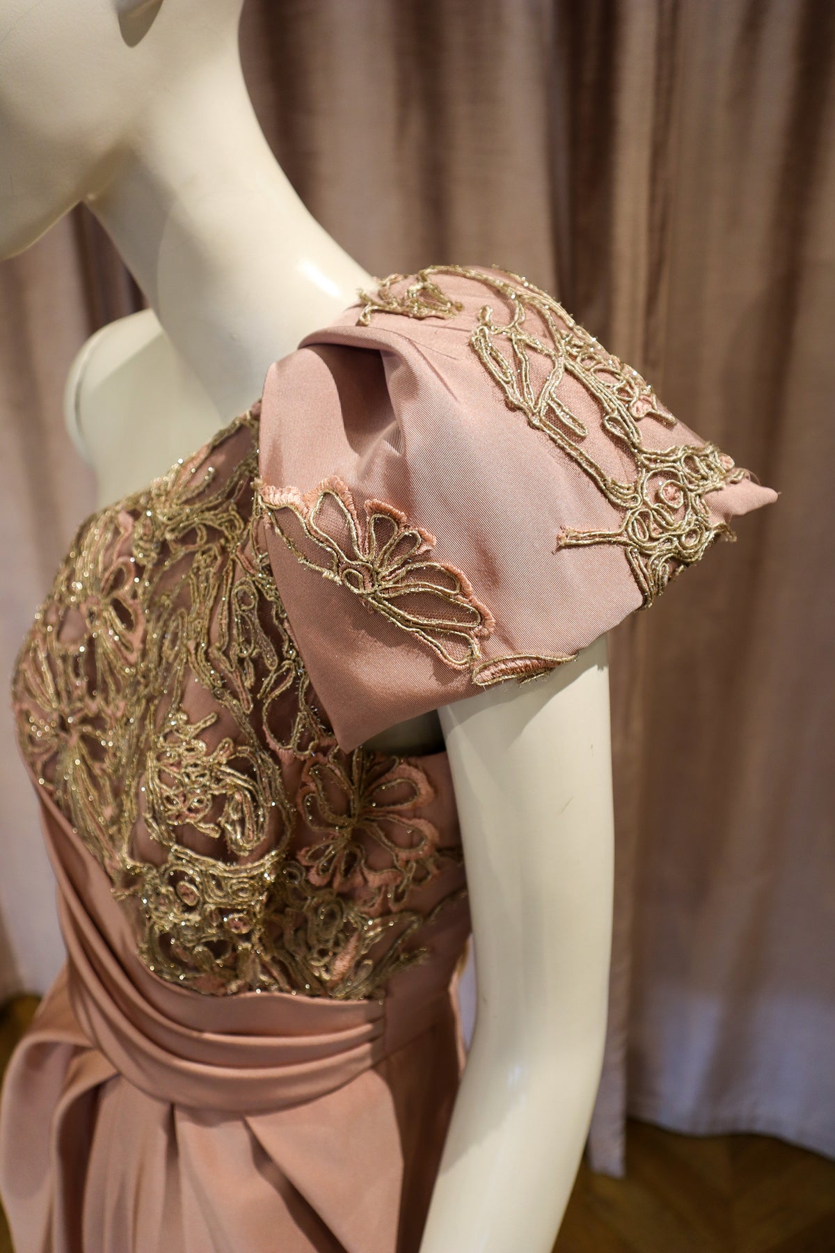 Biscay Dress | Silk Faille with Corded Gold Lace | Dusty Rose