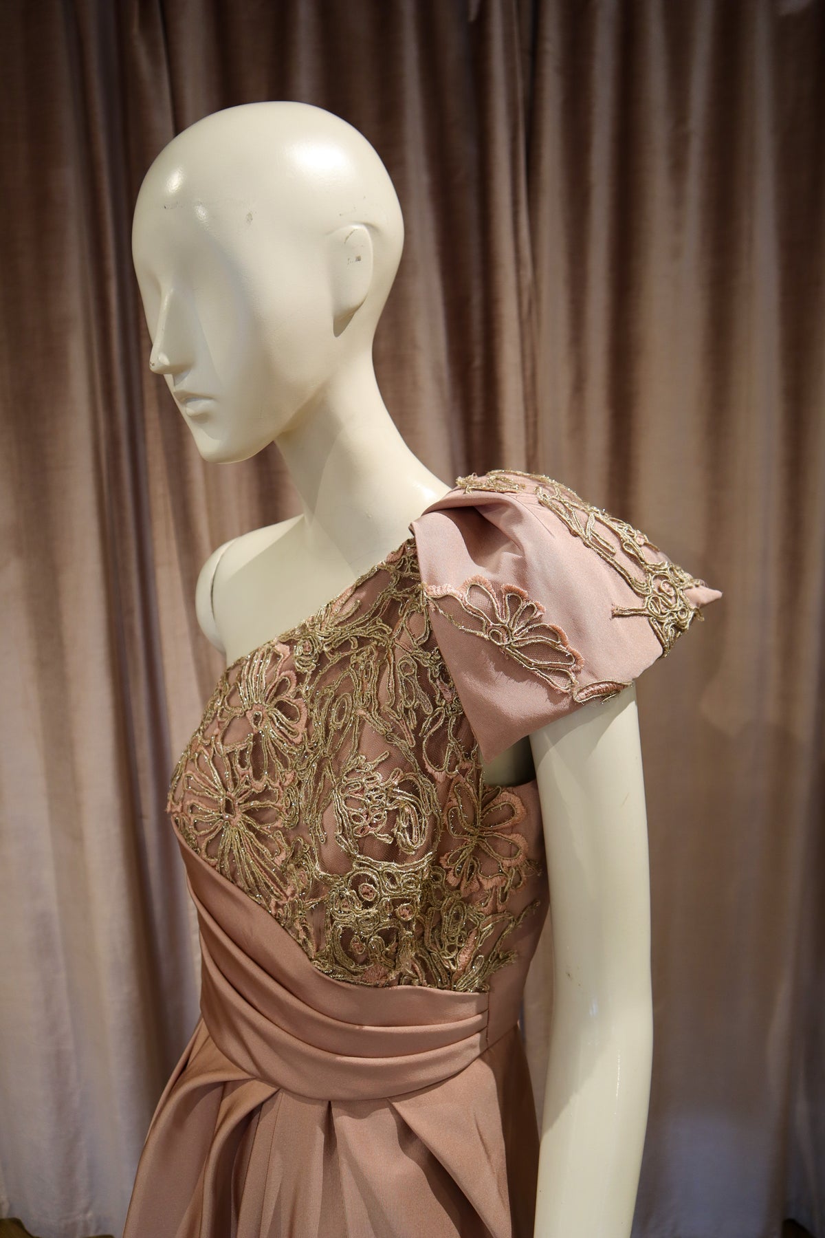 Biscay Dress | Silk Faille with Corded Gold Lace | Dusty Rose