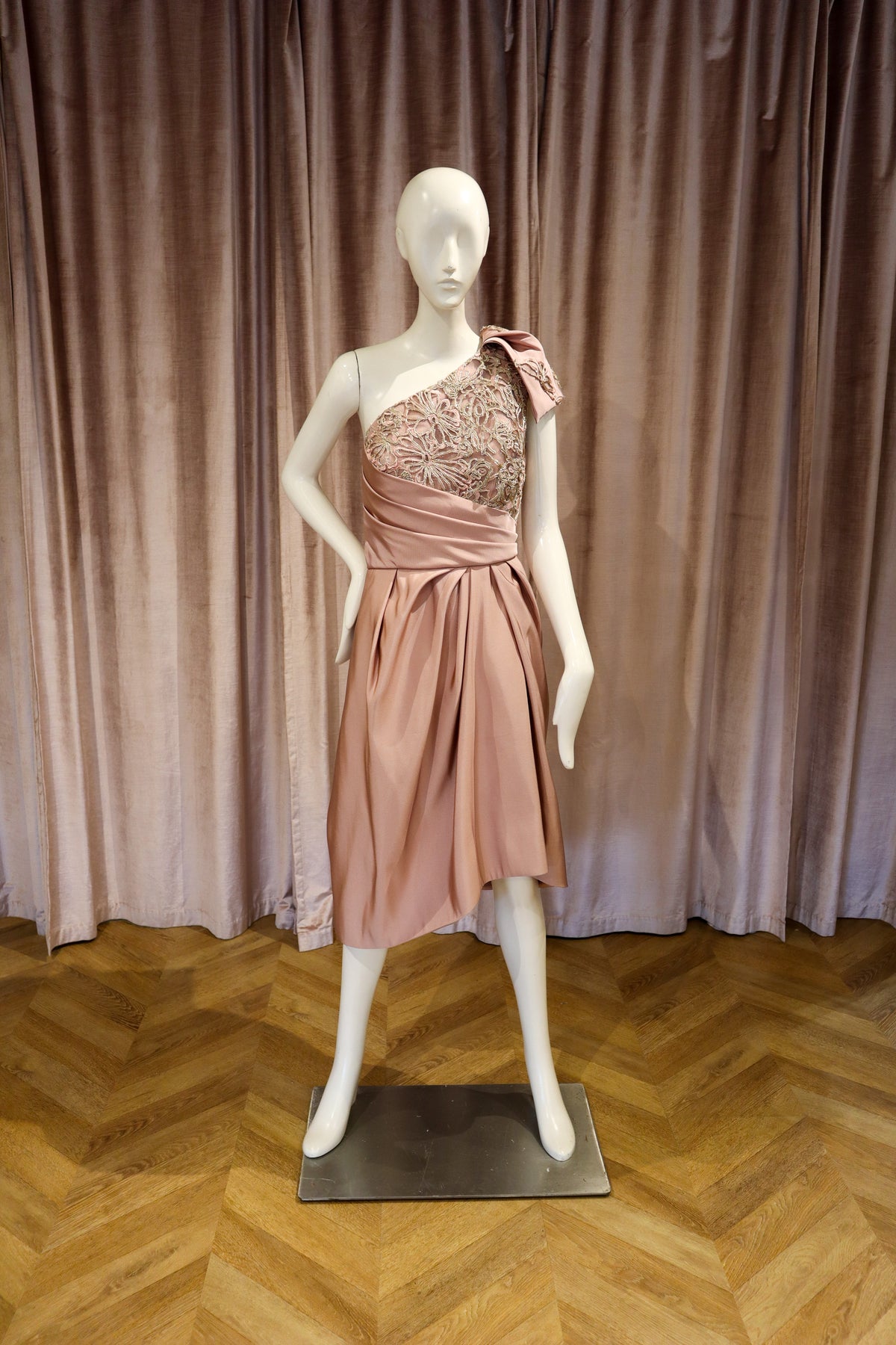 Biscay Dress | Silk Faille with Corded Gold Lace | Dusty Rose
