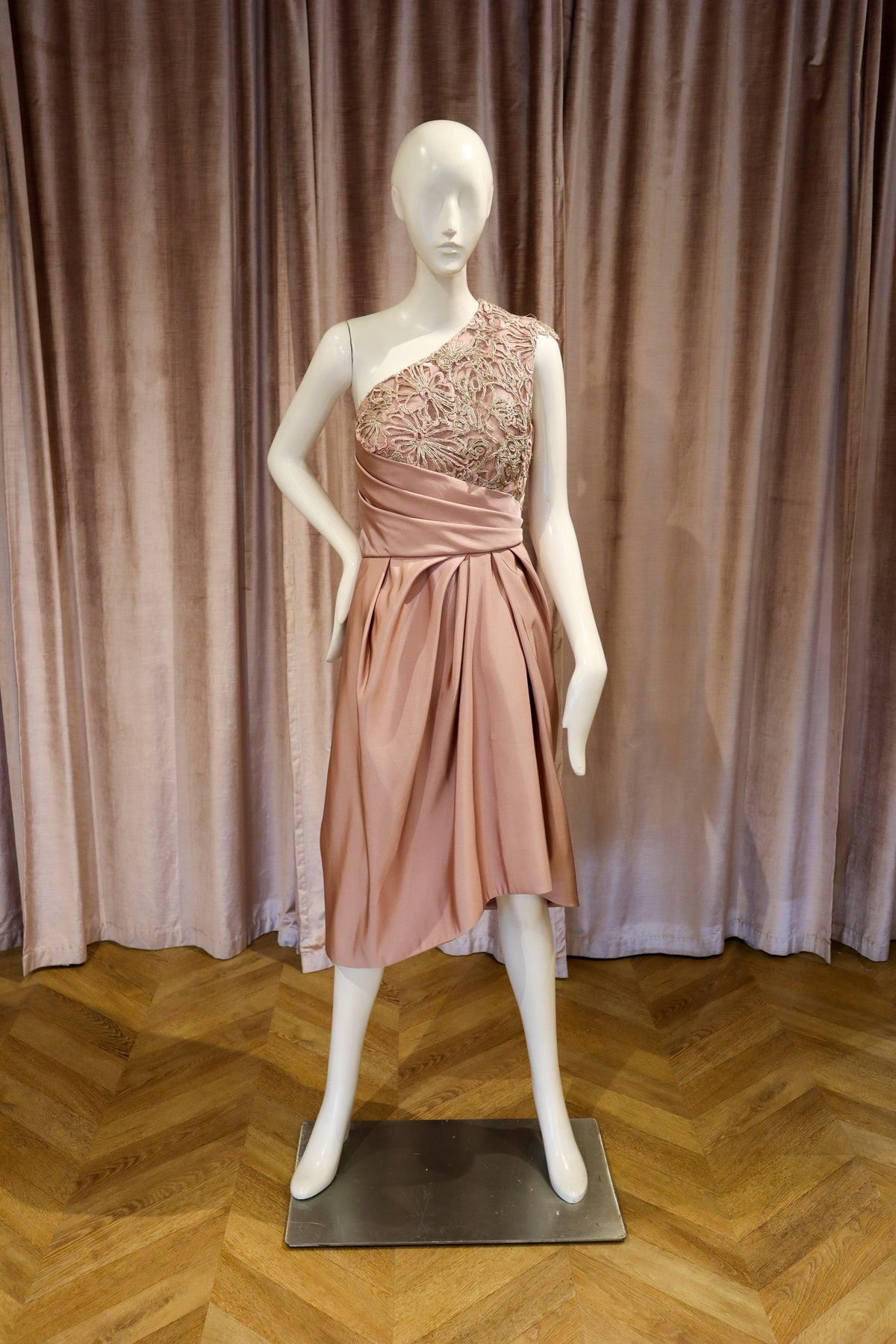 Biscay Dress | Silk Faille with Corded Gold Lace | Dusty Rose