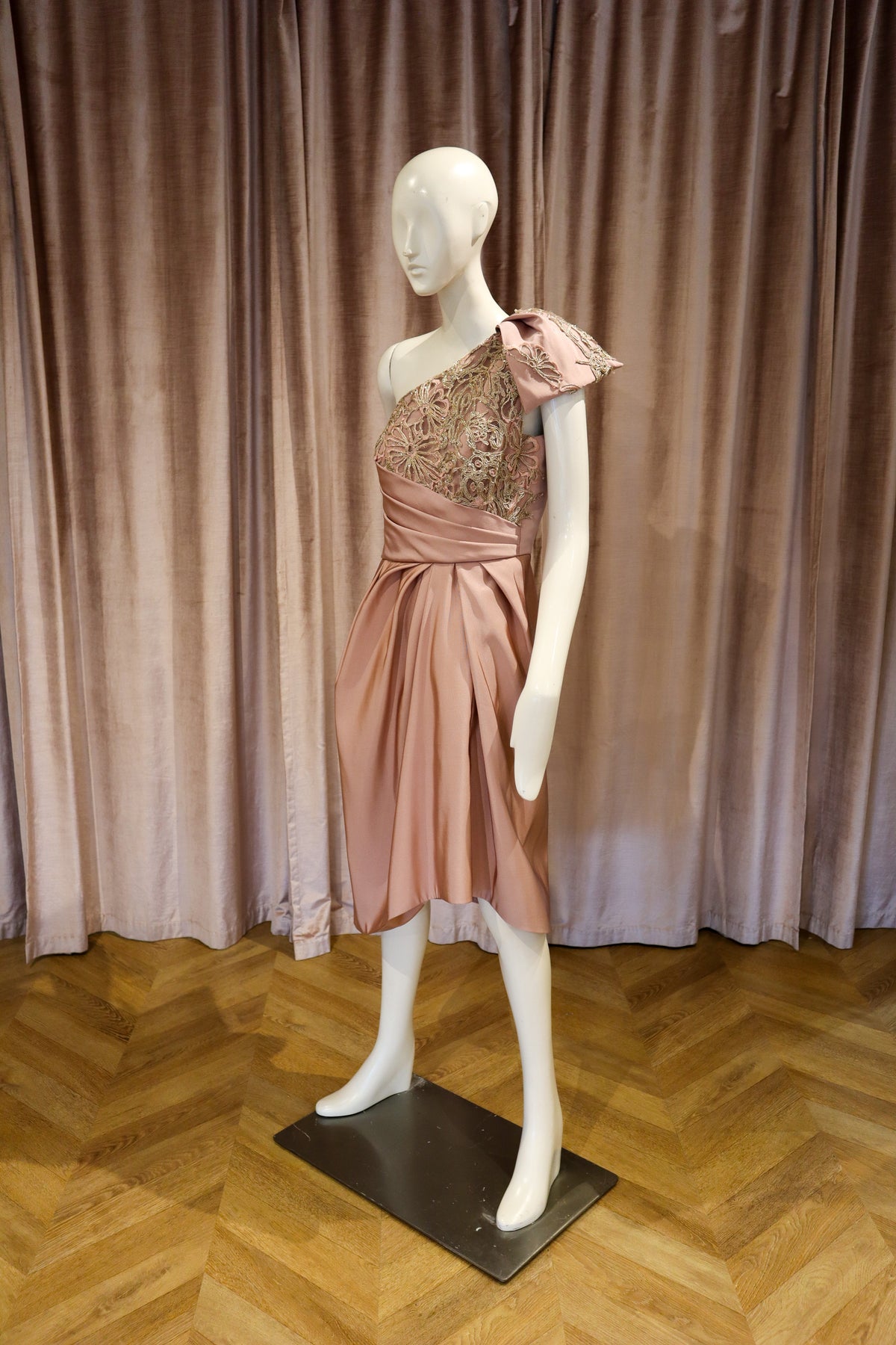 Biscay Dress | Silk Faille with Corded Gold Lace | Dusty Rose