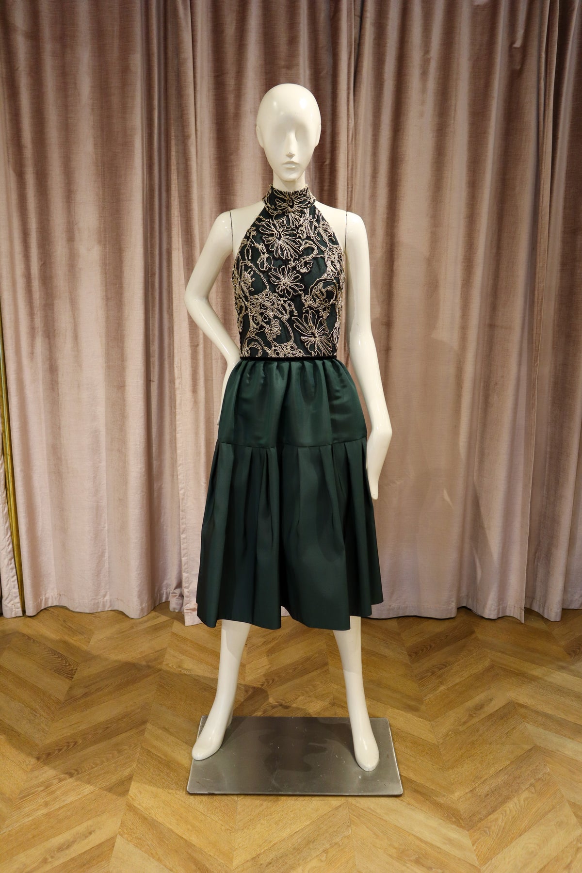 Margaret Dress | Hunter Green Silk Faille with Gold and Black Lace