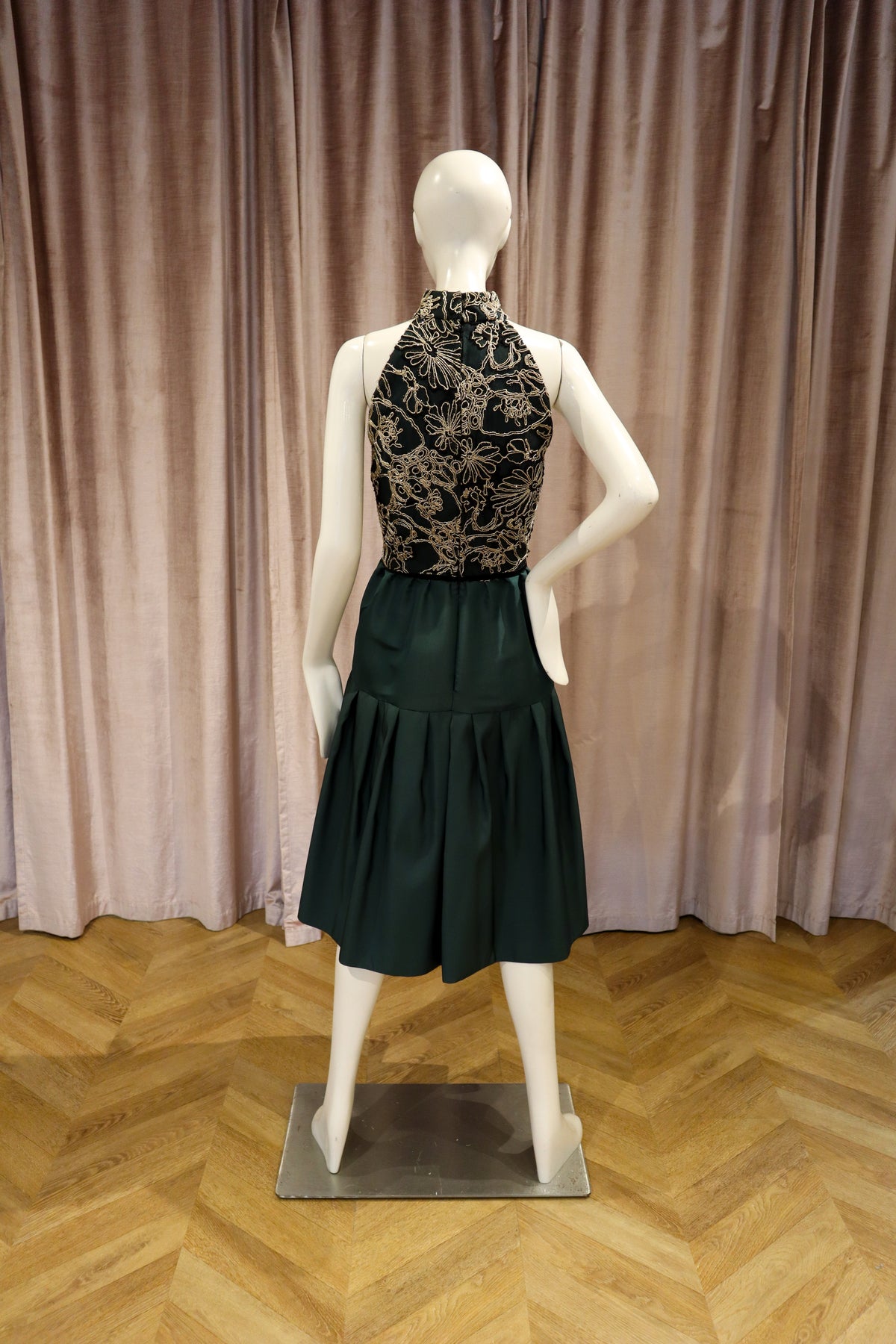 Margaret Dress | Hunter Green Silk Faille with Gold and Black Lace