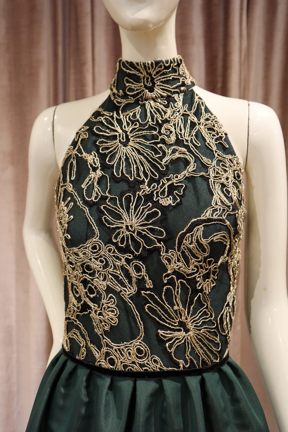 Margaret Dress | Hunter Green Silk Faille with Gold and Black Lace