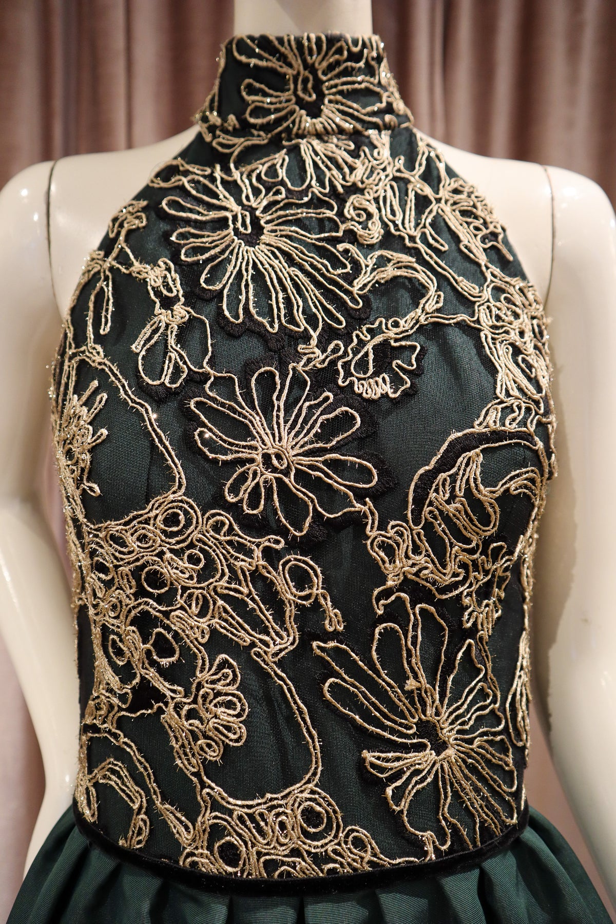 Margaret Dress | Hunter Green Silk Faille with Gold and Black Lace