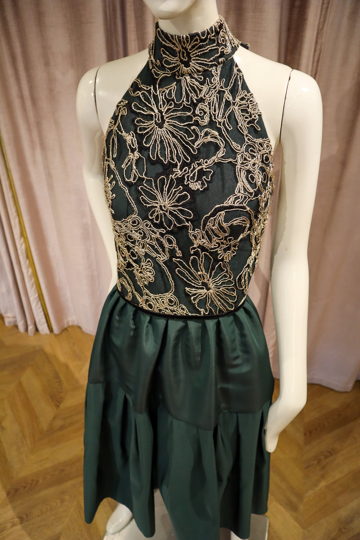 Margaret Dress | Hunter Green Silk Faille with Gold and Black Lace