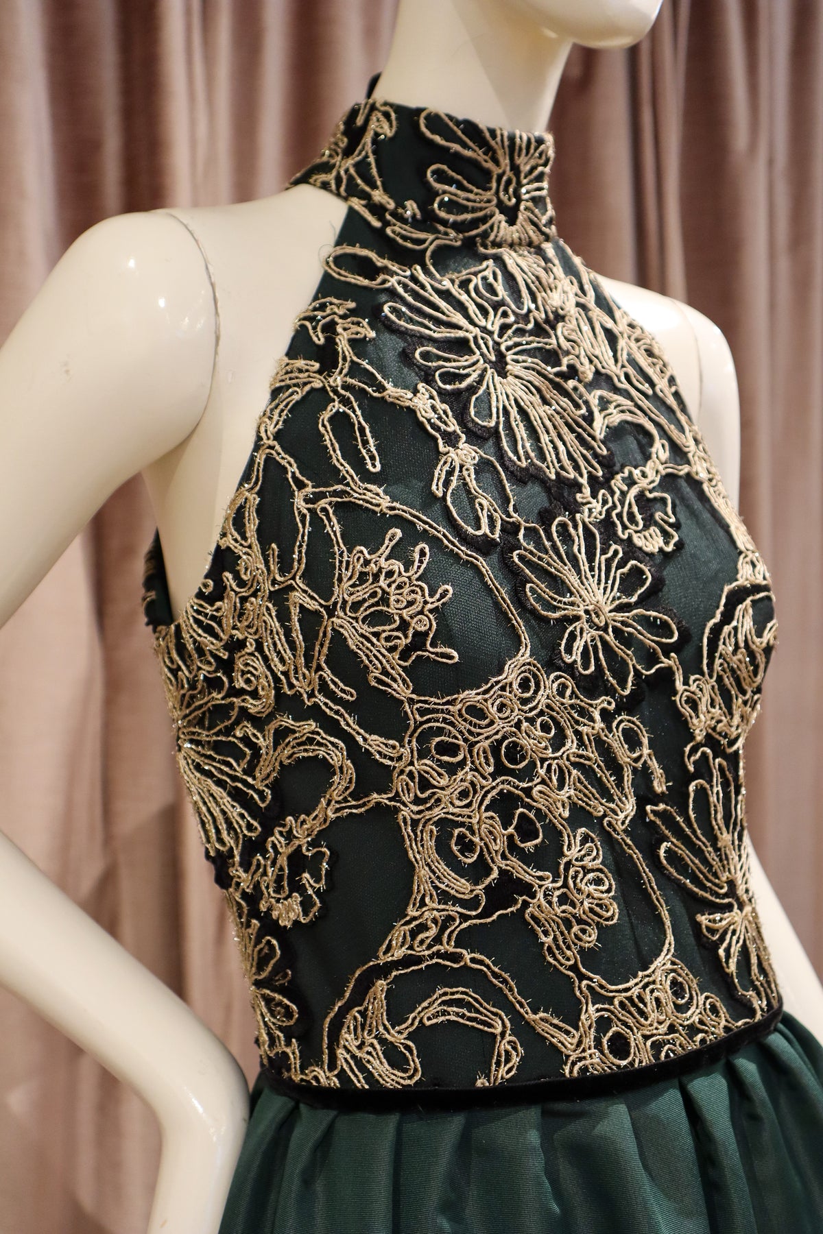 Margaret Dress | Hunter Green Silk Faille with Gold and Black Lace