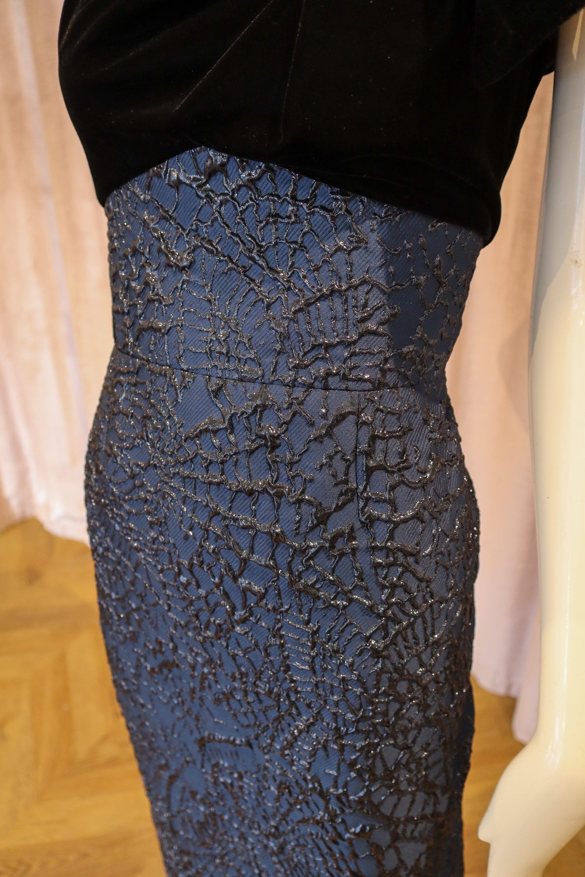 Callis Dress | Black Velvet and Midnight Webbed Jacquard