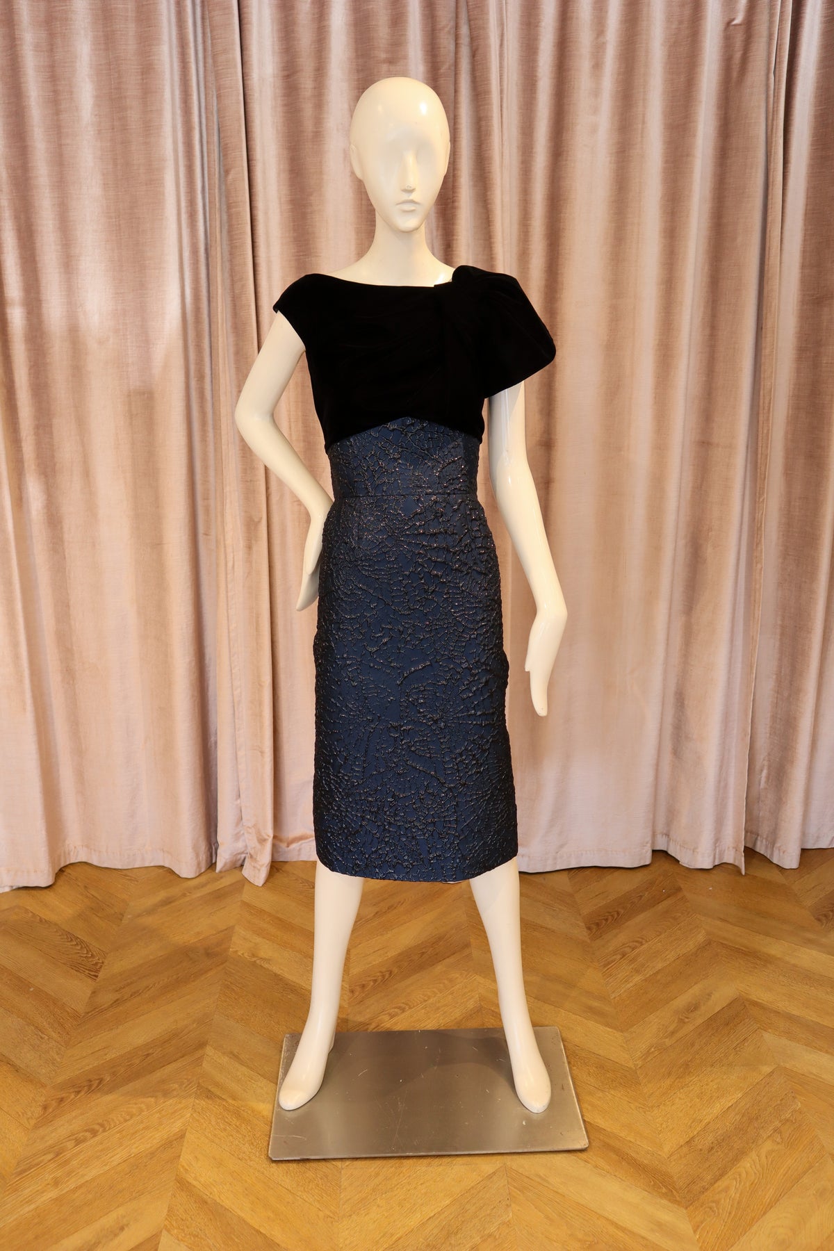 Callis Dress | Black Velvet and Midnight Webbed Jacquard