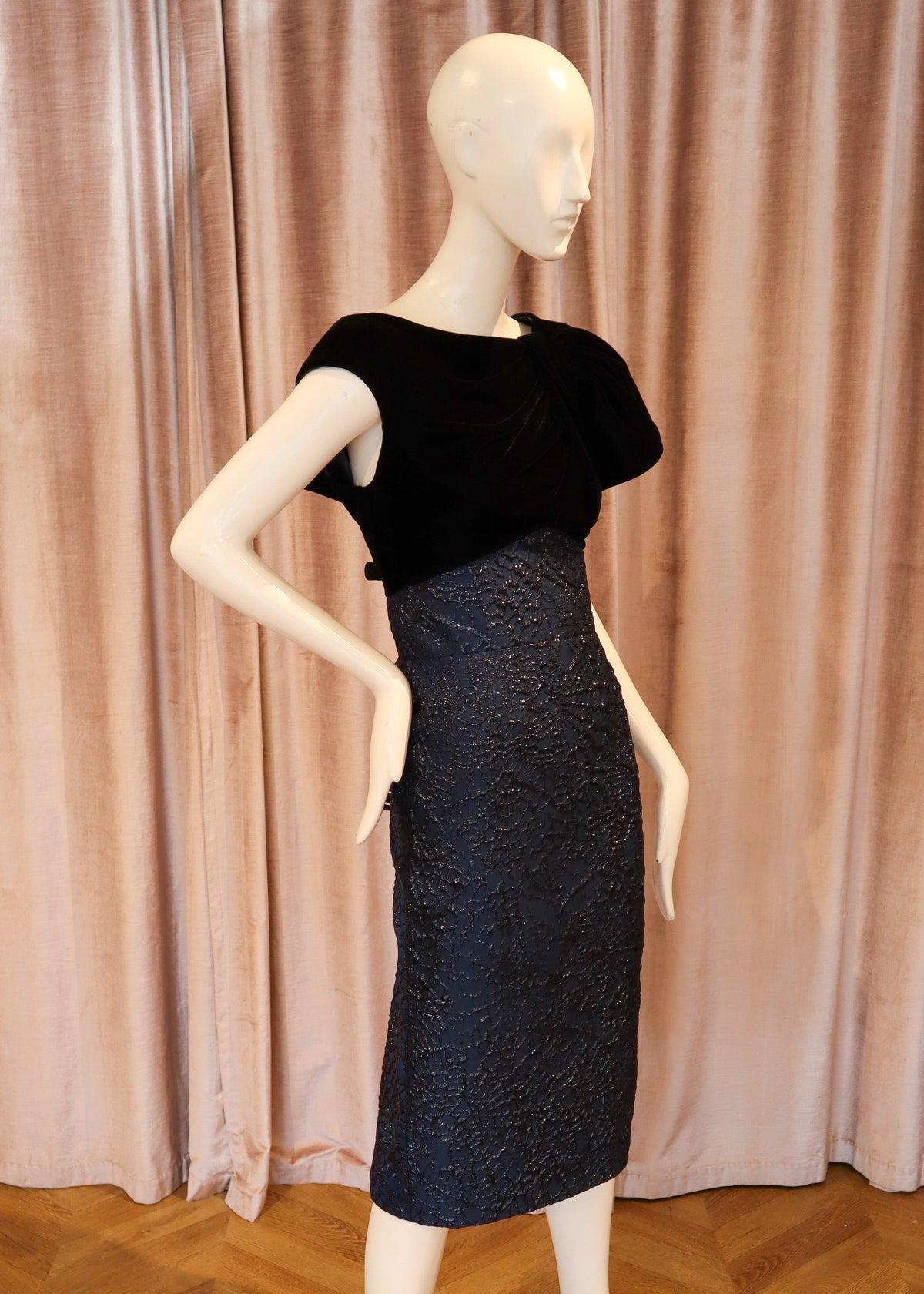 Callis Dress | Black Velvet and Midnight Webbed Jacquard