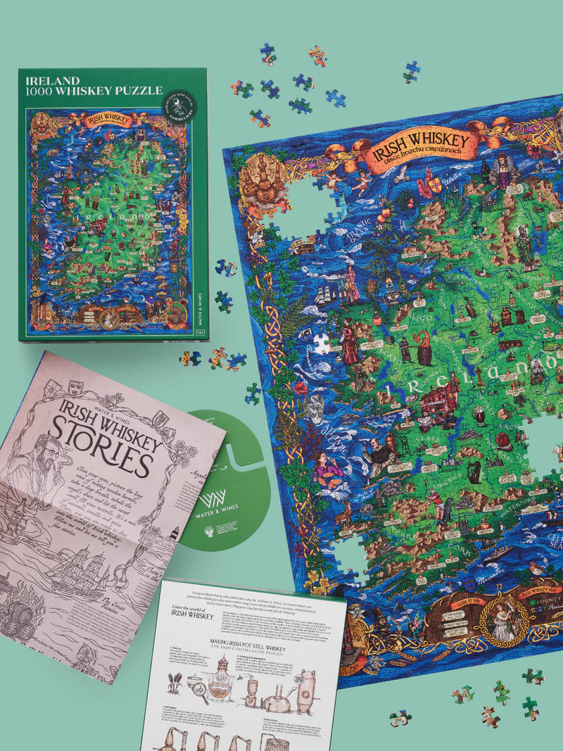 Jigsaw puzzle box featuring an illustration of Ireland on a green background
