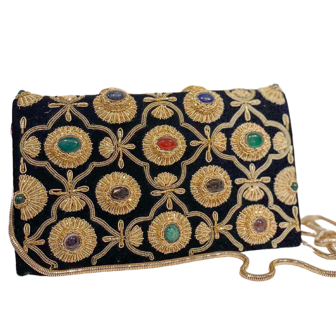 Evening Bag | Gold Embroidery | Cabochon Gemstones | Mariam Zardozi