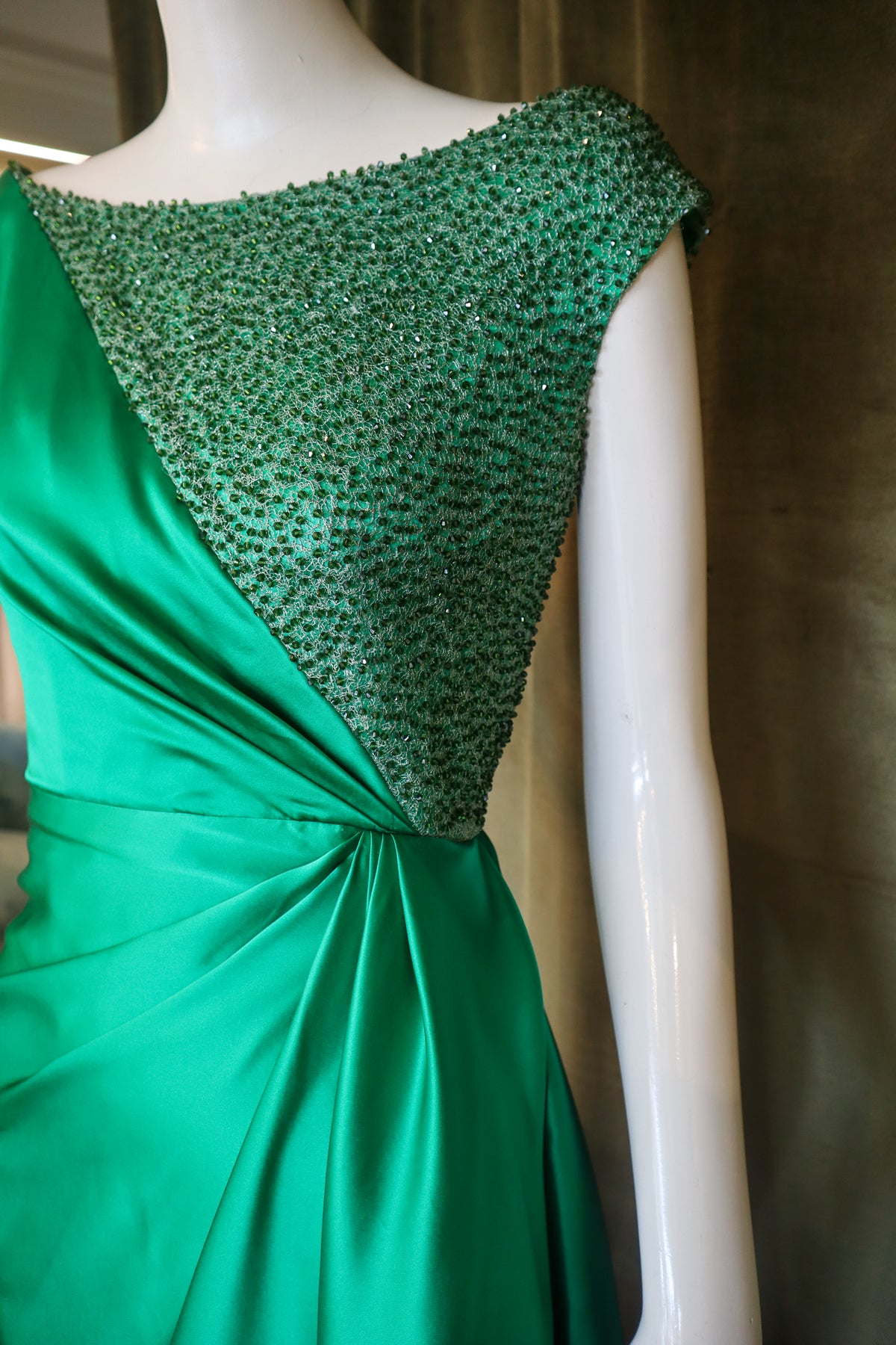 Echinops Gown | Caviar Beaded Emerald Silk Charmeuse