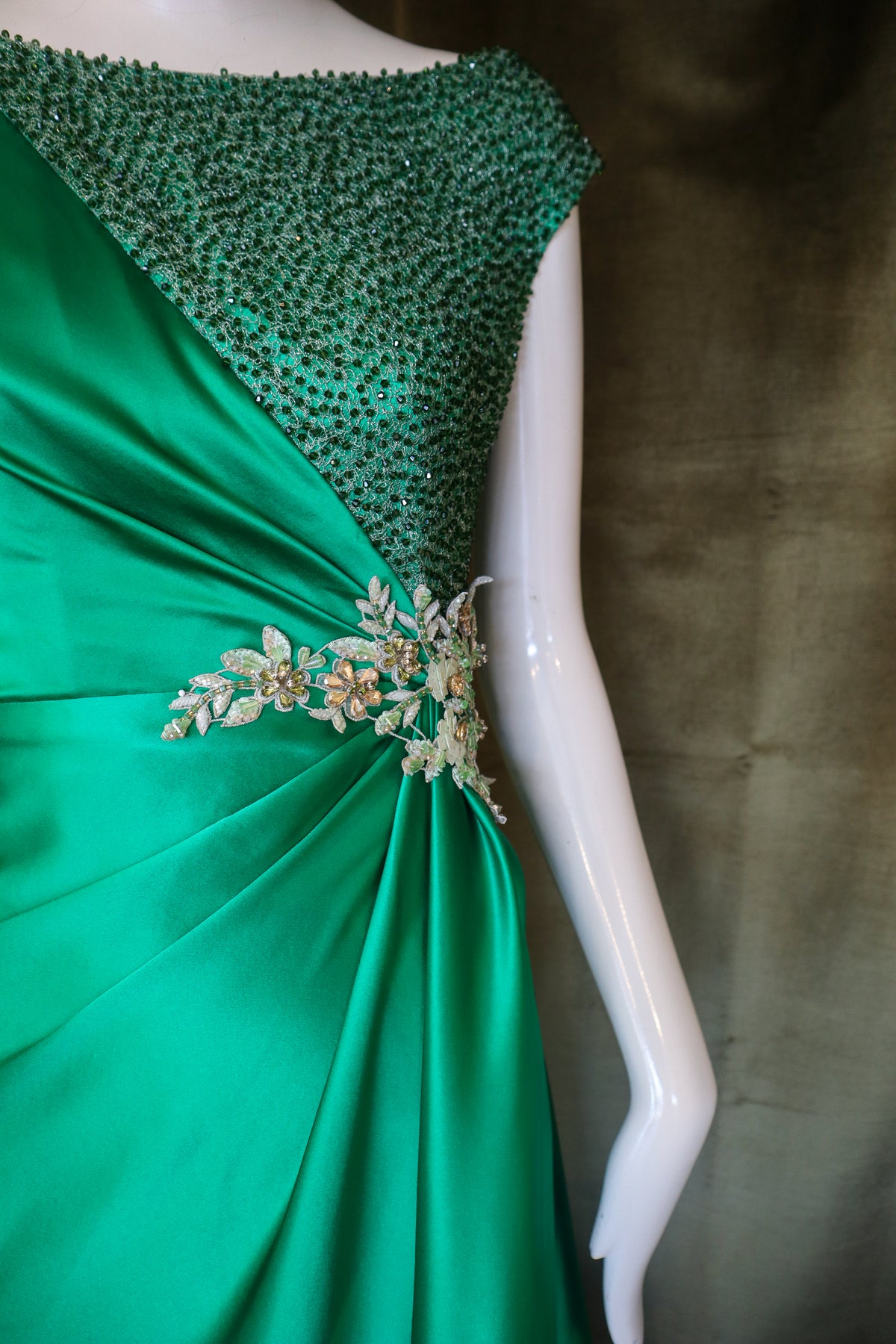 Echinops Gown | Caviar Beaded Emerald Silk Charmeuse