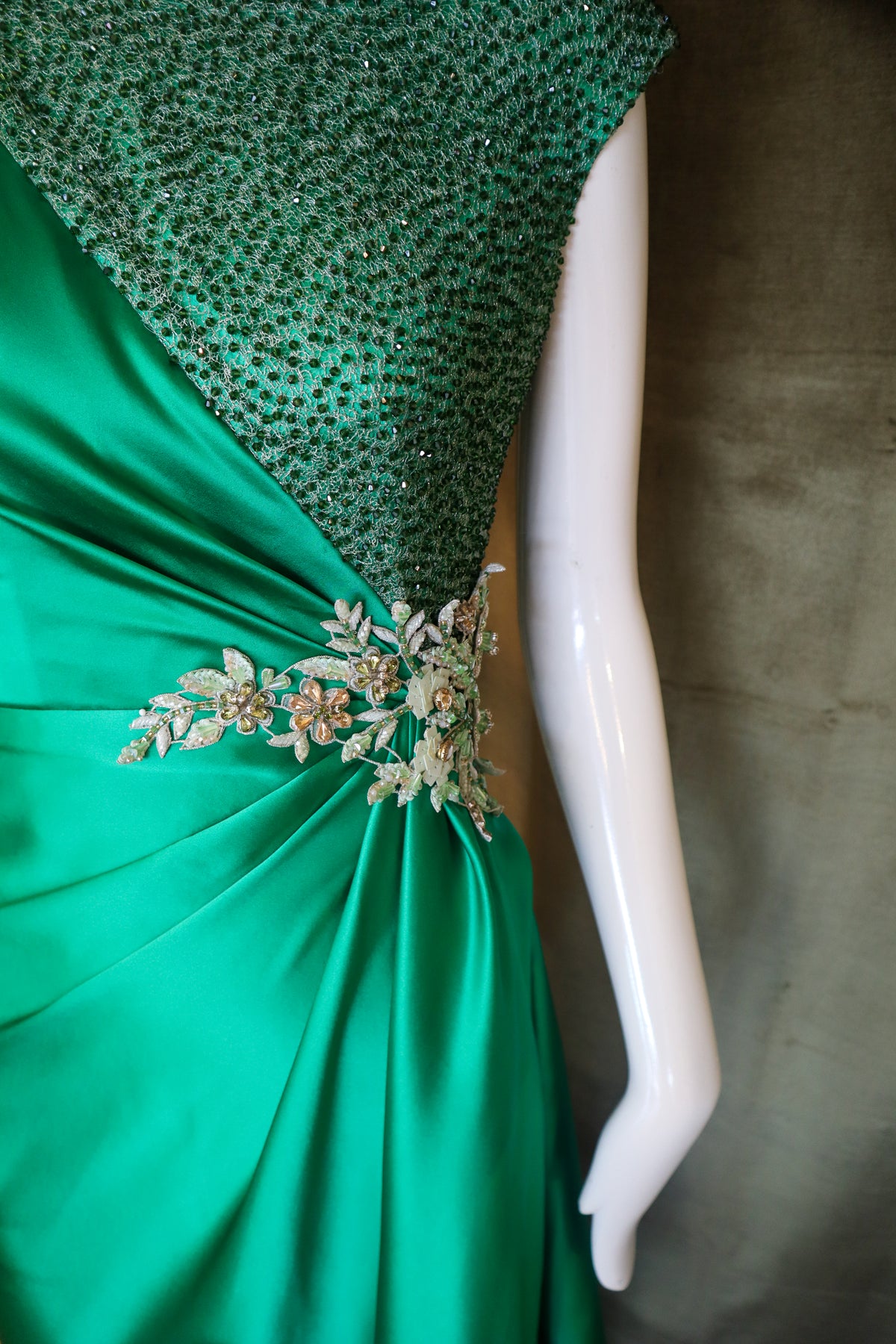 Echinops Gown | Caviar Beaded Emerald Silk Charmeuse