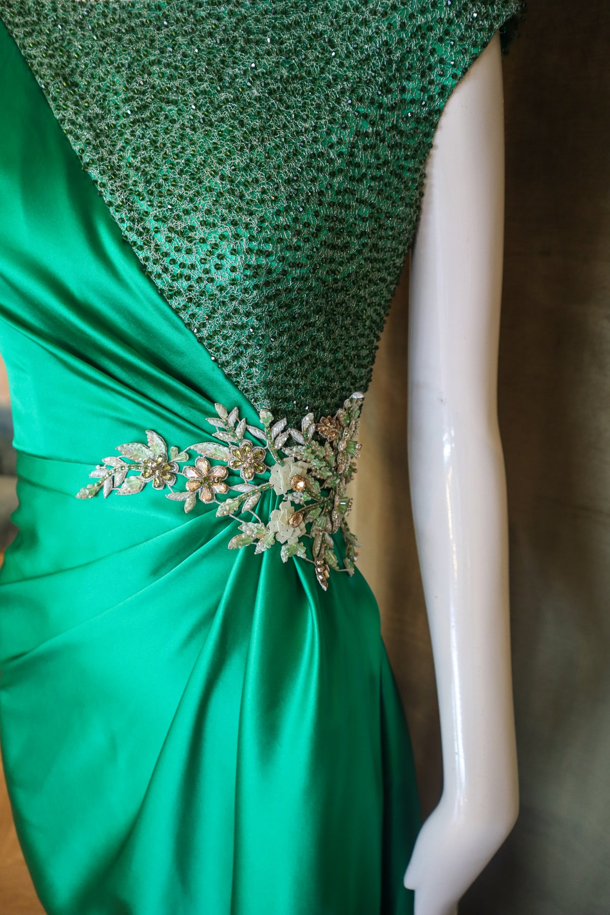 Echinops Gown | Caviar Beaded Emerald Silk Charmeuse