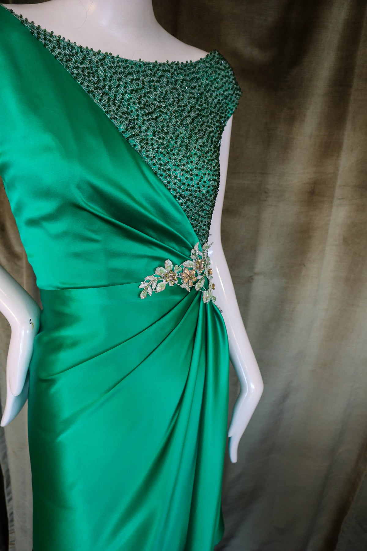 Echinops Gown | Caviar Beaded Emerald Silk Charmeuse