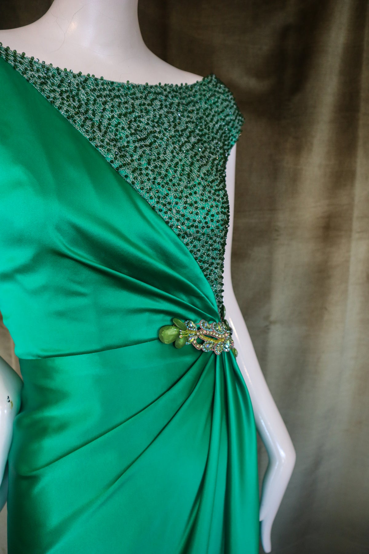 Echinops Gown | Caviar Beaded Emerald Silk Charmeuse