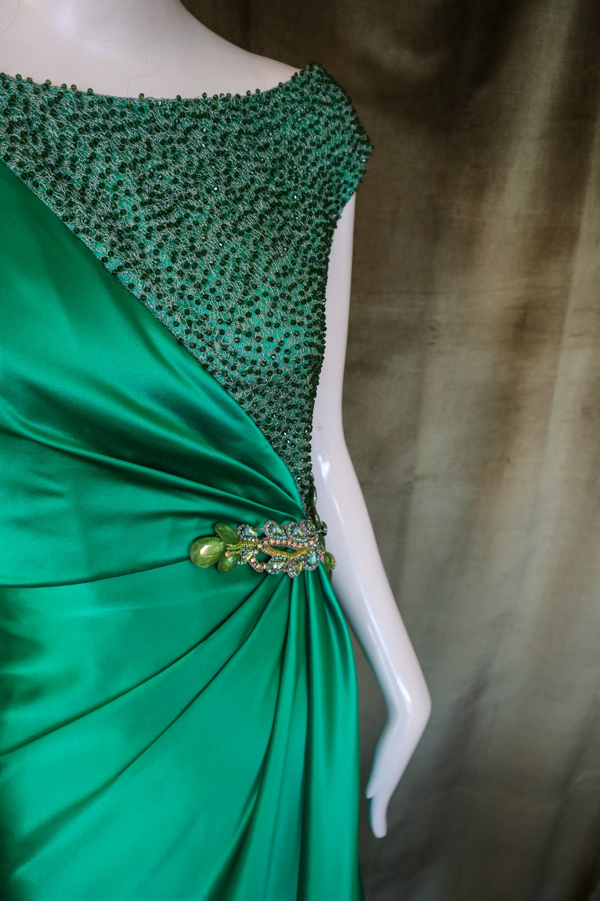 Echinops Gown | Caviar Beaded Emerald Silk Charmeuse