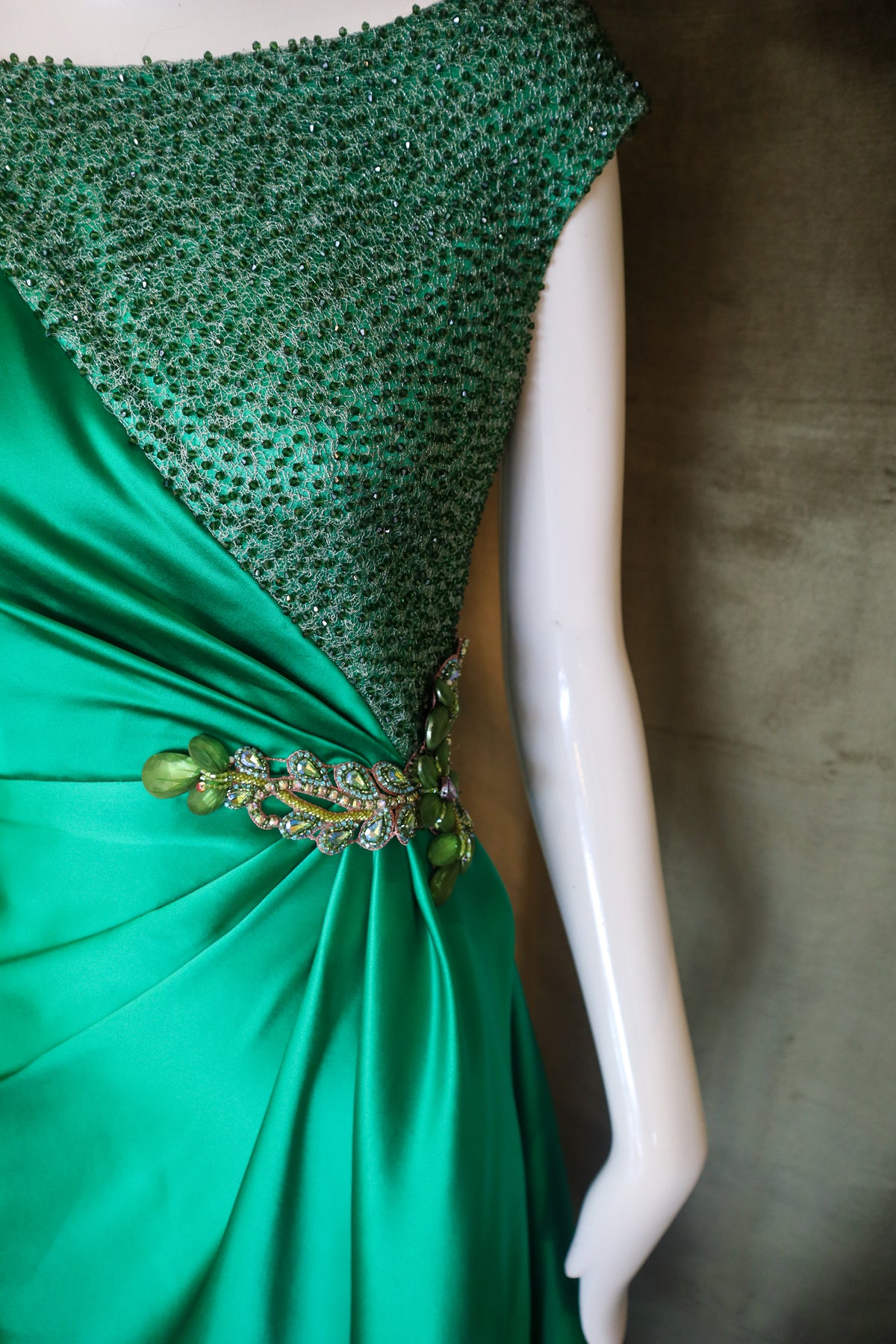 Echinops Gown | Caviar Beaded Emerald Silk Charmeuse