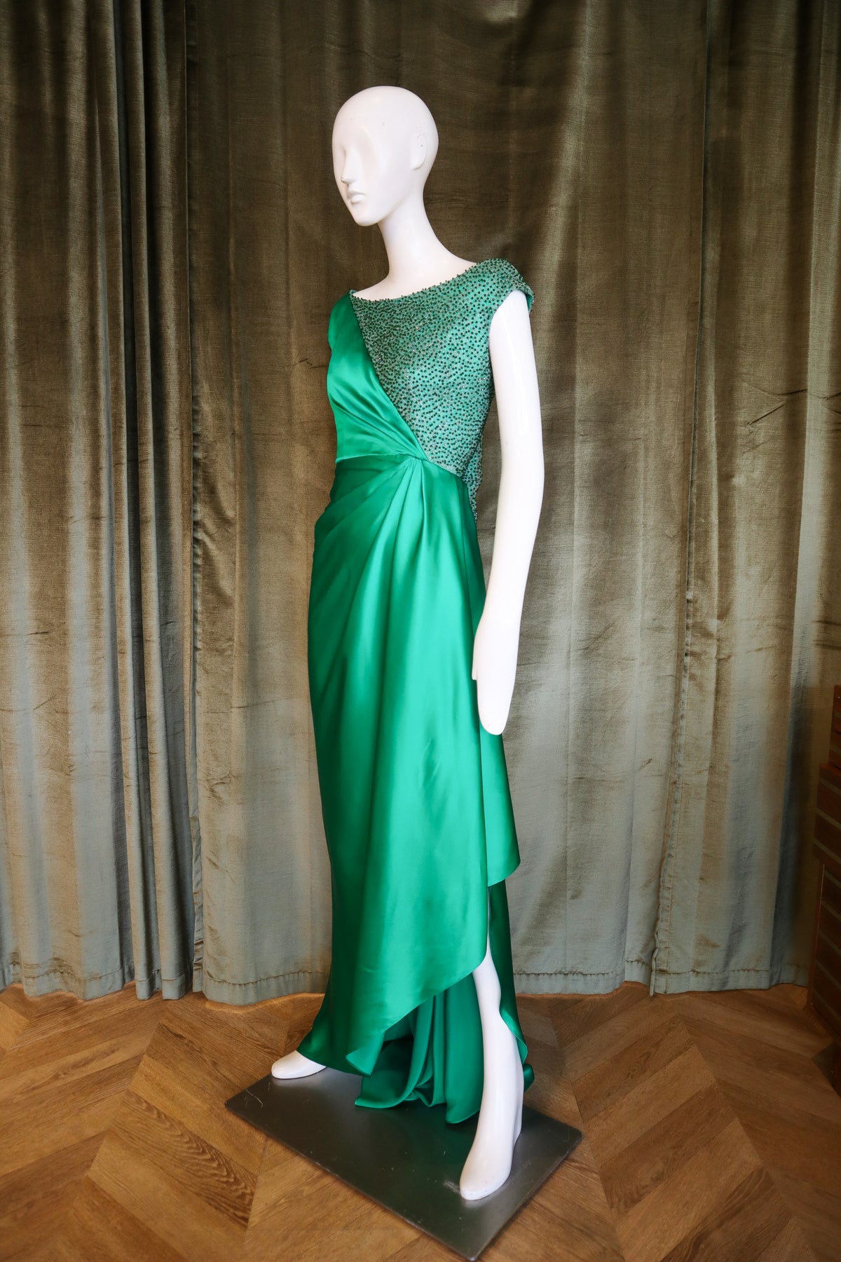 Echinops Gown | Caviar Beaded Emerald Silk Charmeuse