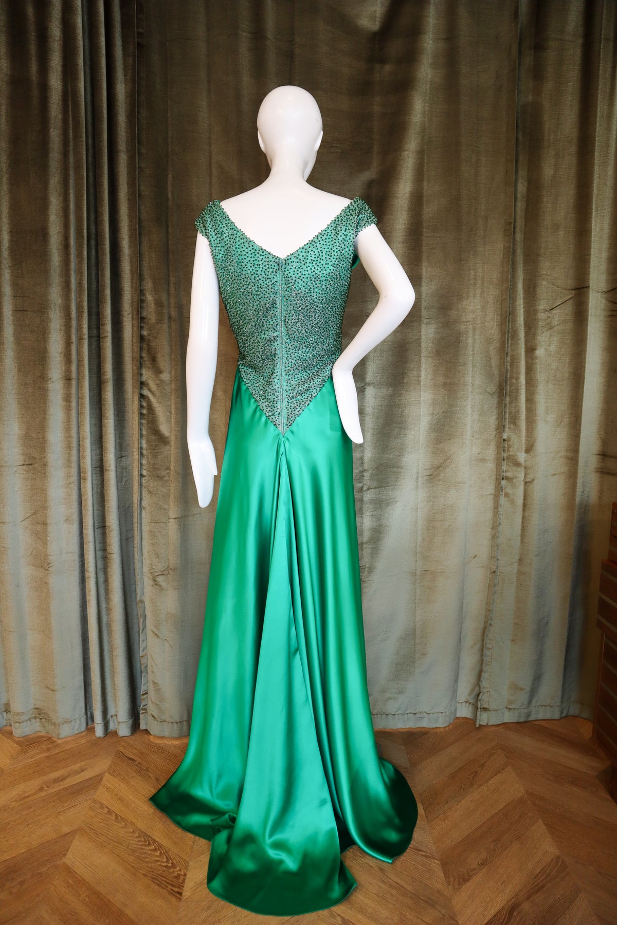 Echinops Gown | Caviar Beaded Emerald Silk Charmeuse