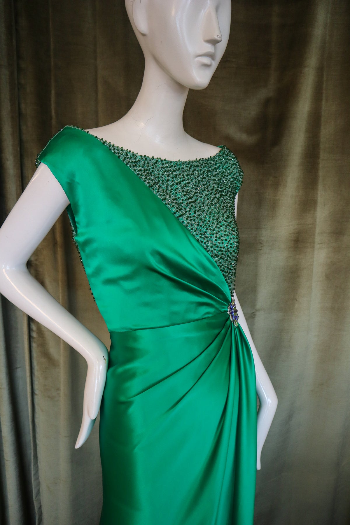 Echinops Gown | Caviar Beaded Emerald Silk Charmeuse