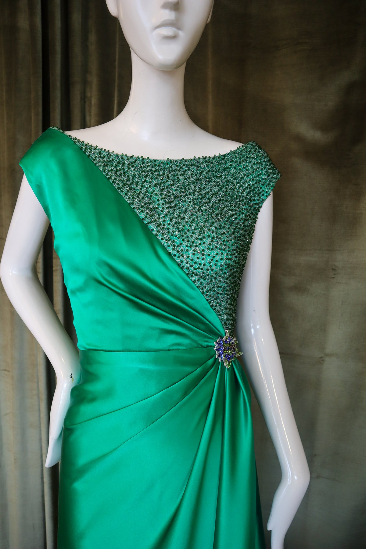 Echinops Gown | Caviar Beaded Emerald Silk Charmeuse