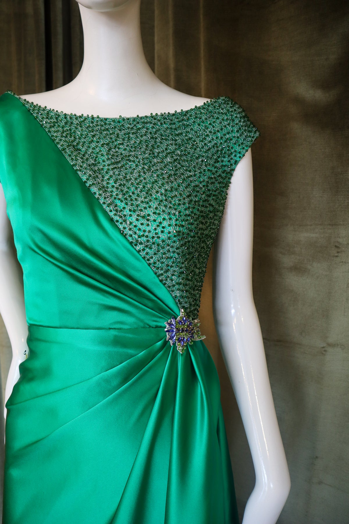 Echinops Gown | Caviar Beaded Emerald Silk Charmeuse