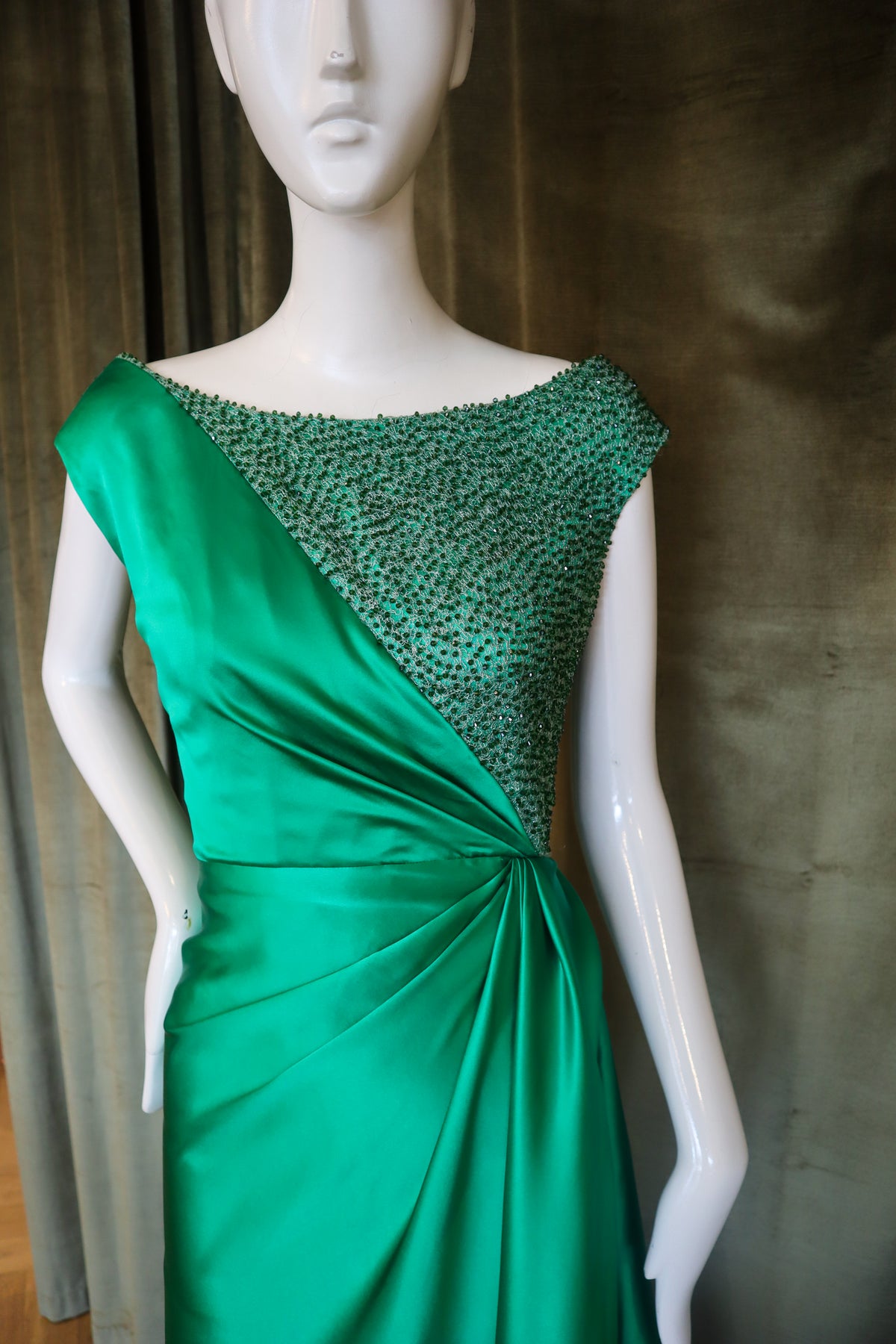Echinops Gown | Caviar Beaded Emerald Silk Charmeuse