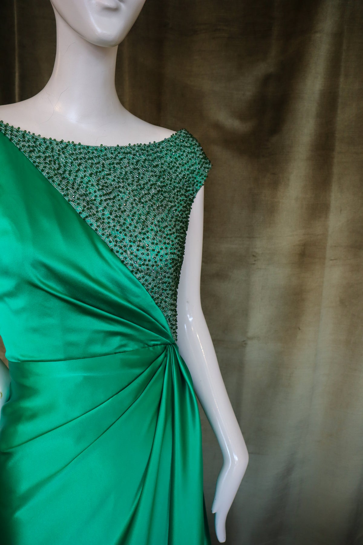 Echinops Gown | Caviar Beaded Emerald Silk Charmeuse