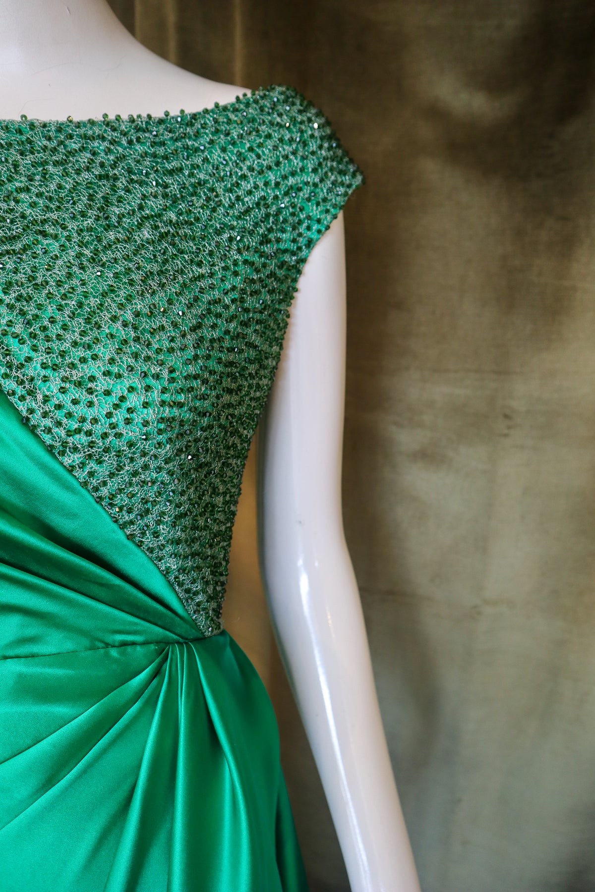 Echinops Gown | Caviar Beaded Emerald Silk Charmeuse