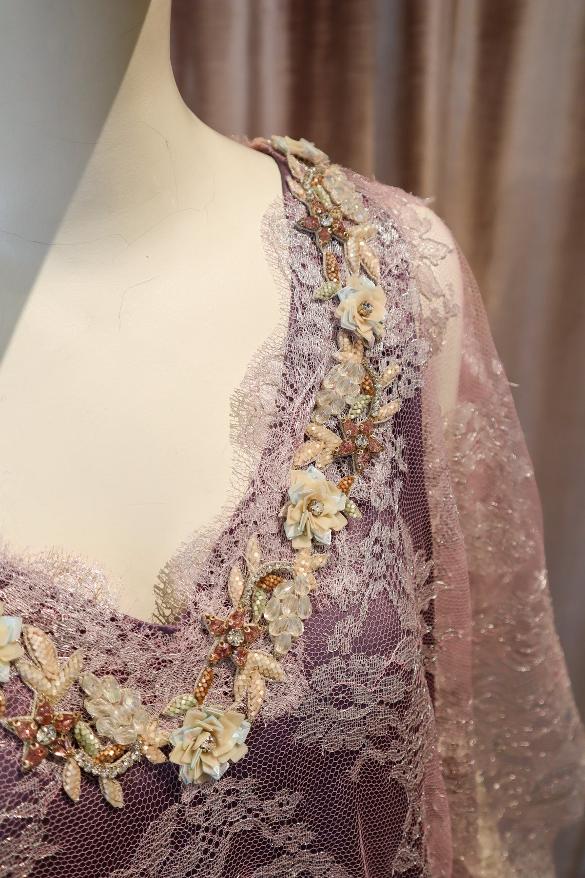 Artesia Caftan Gown | Embellished Chantilly Lace | Lavender Latte