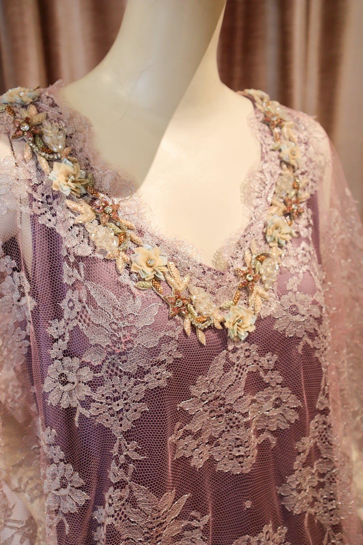 Artesia Caftan Gown | Embellished Chantilly Lace | Lavender Latte