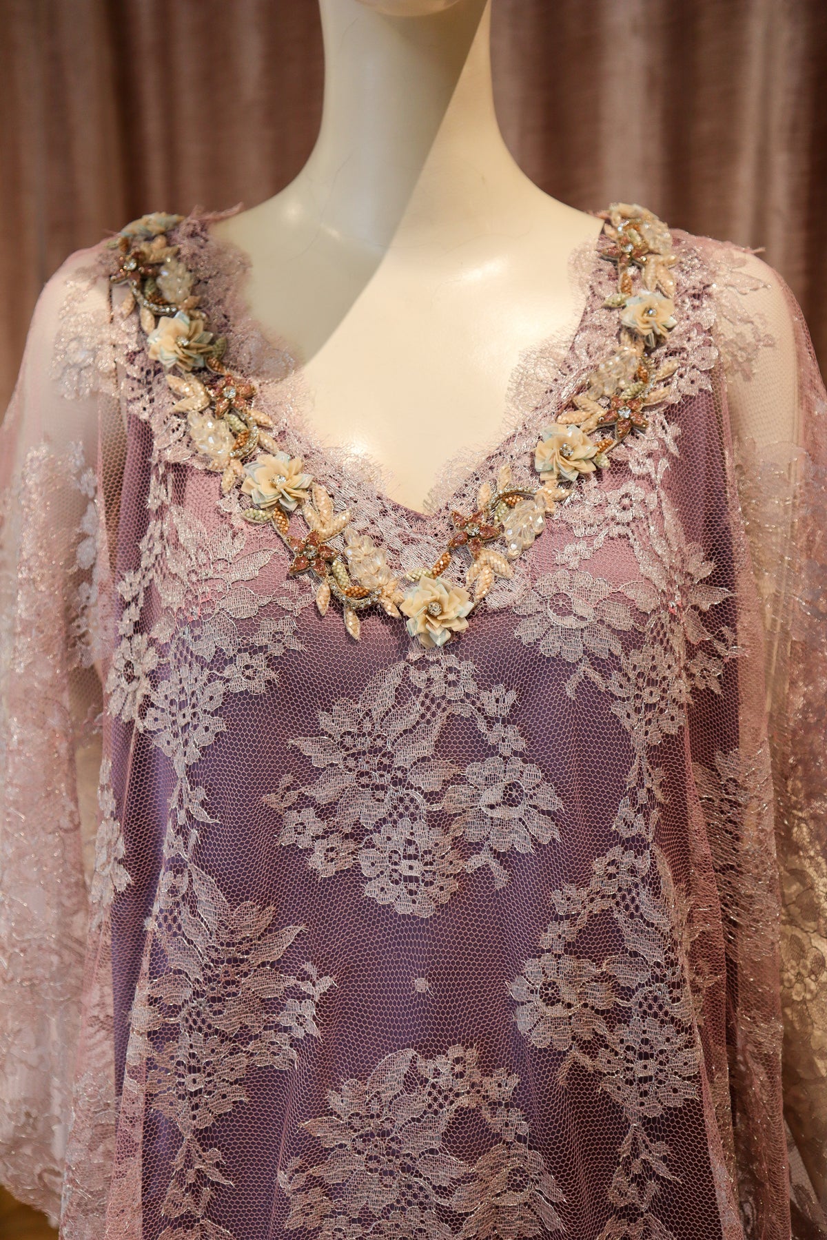 Artesia Caftan Gown | Embellished Chantilly Lace | Lavender Latte