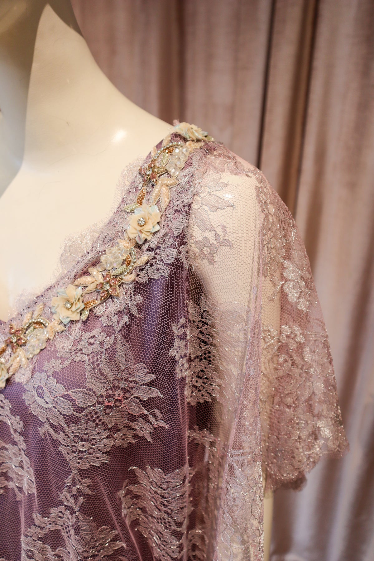 Artesia Caftan Gown | Embellished Chantilly Lace | Lavender Latte
