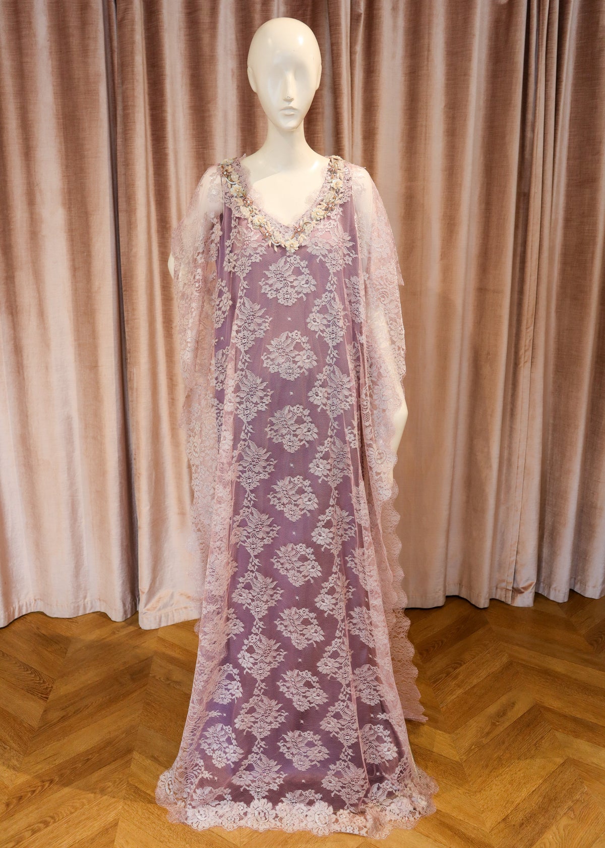 Artesia Caftan Gown | Embellished Chantilly Lace | Lavender Latte