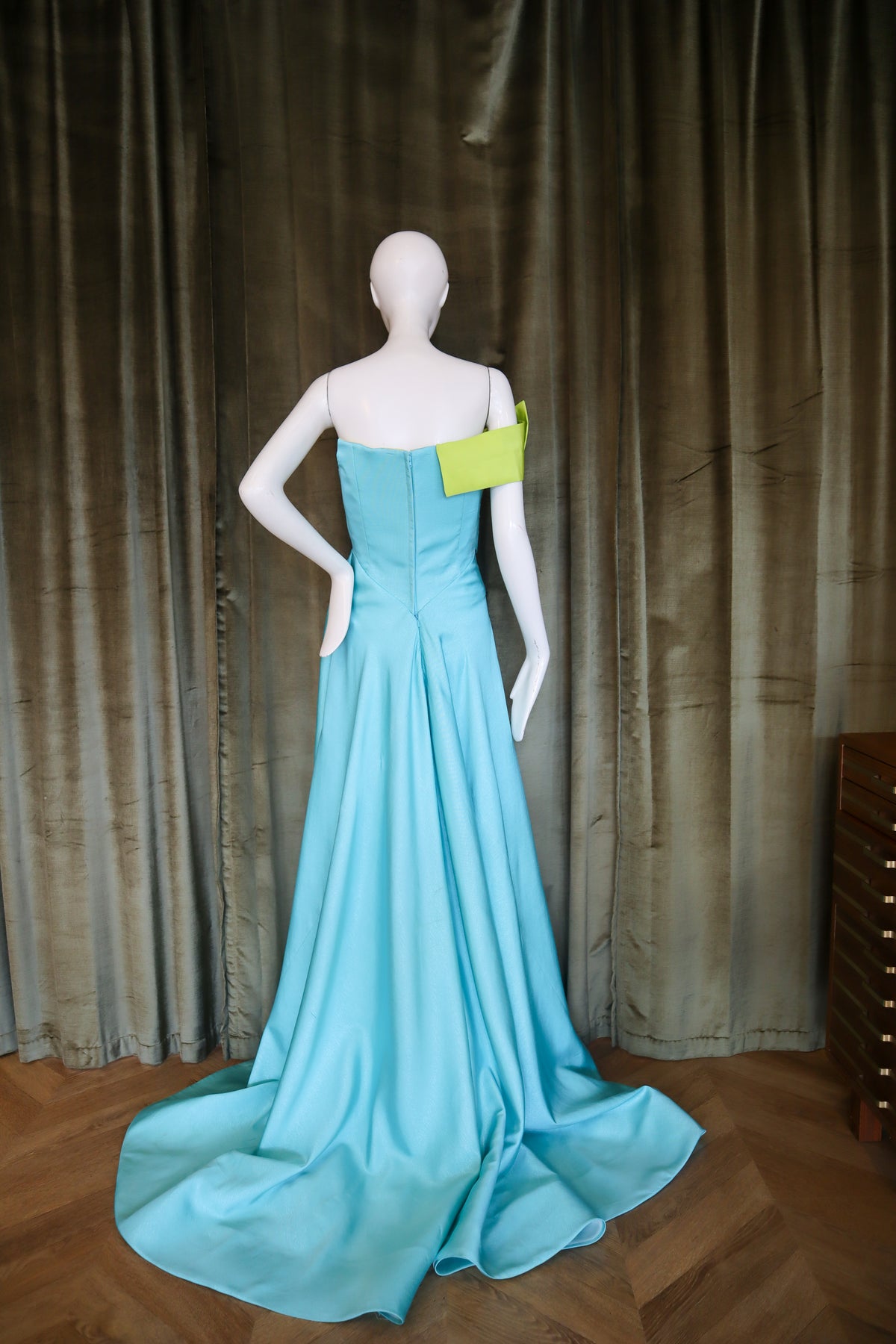 Caron Gown | Silk Faille | Aqua with Chartreuse