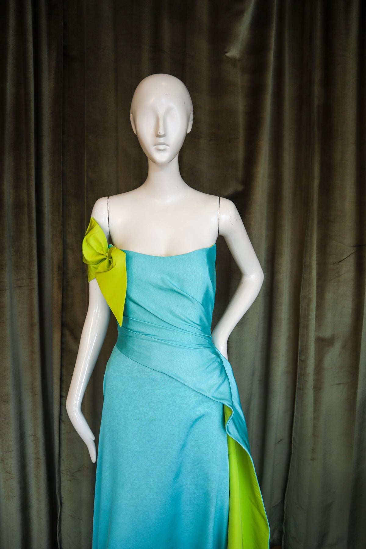 Caron Gown | Silk Faille | Aqua with Chartreuse