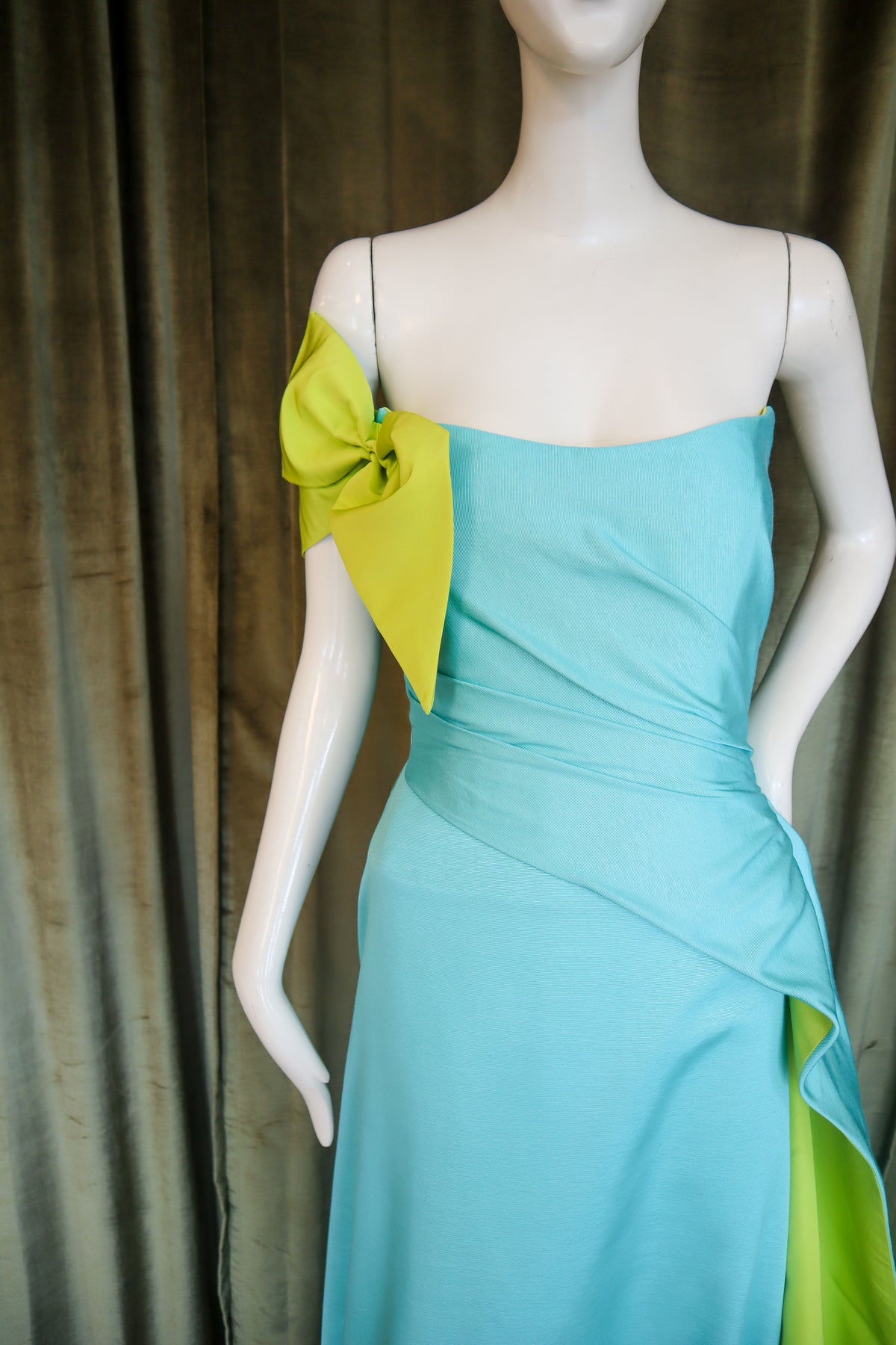 Caron Gown | Silk Faille | Aqua with Chartreuse
