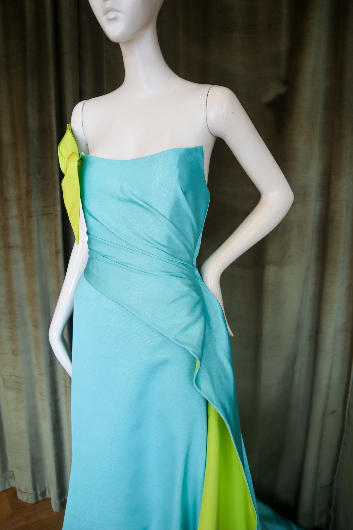 Caron Gown | Silk Faille | Aqua with Chartreuse