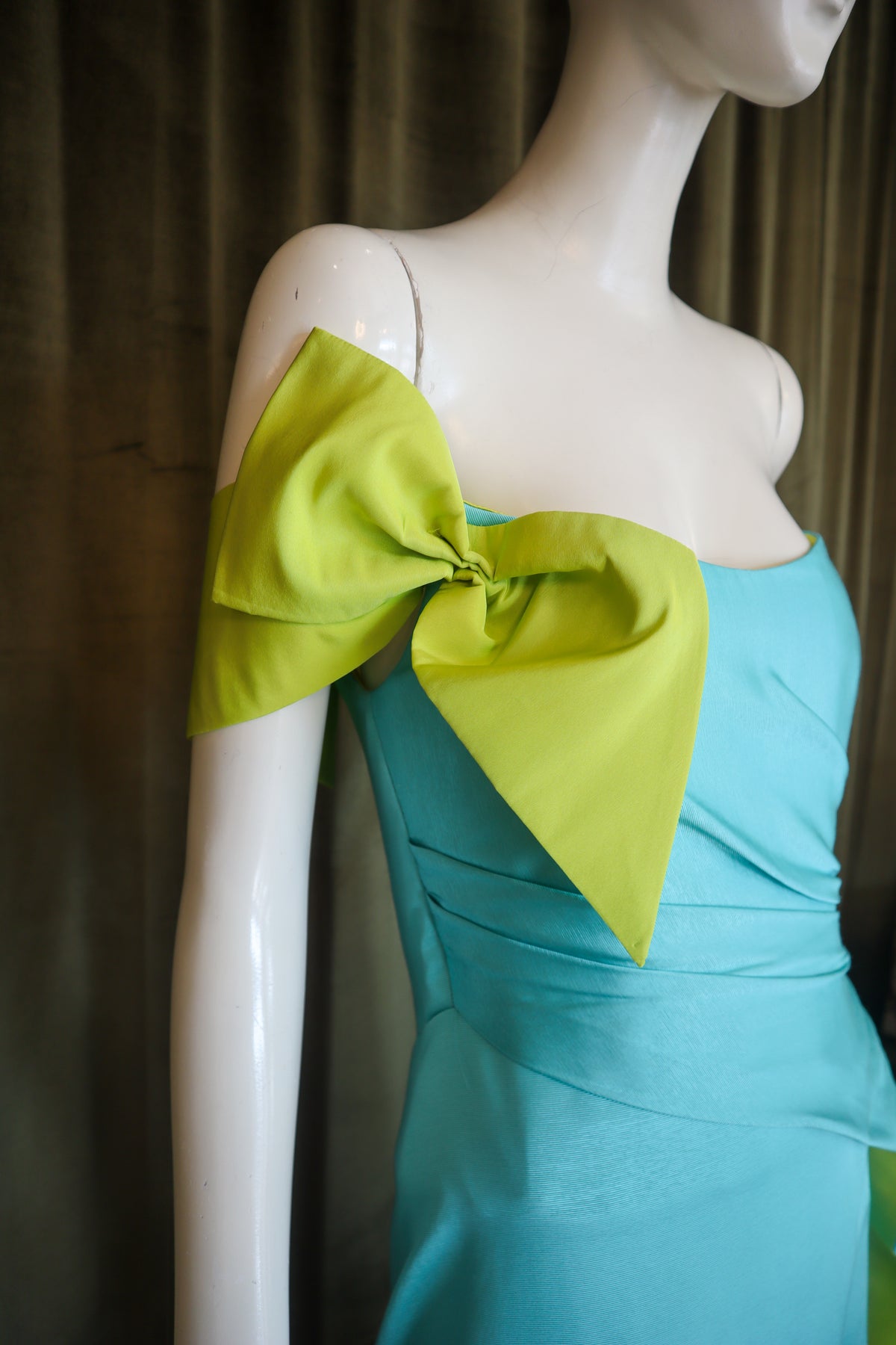 Caron Gown | Silk Faille | Aqua with Chartreuse