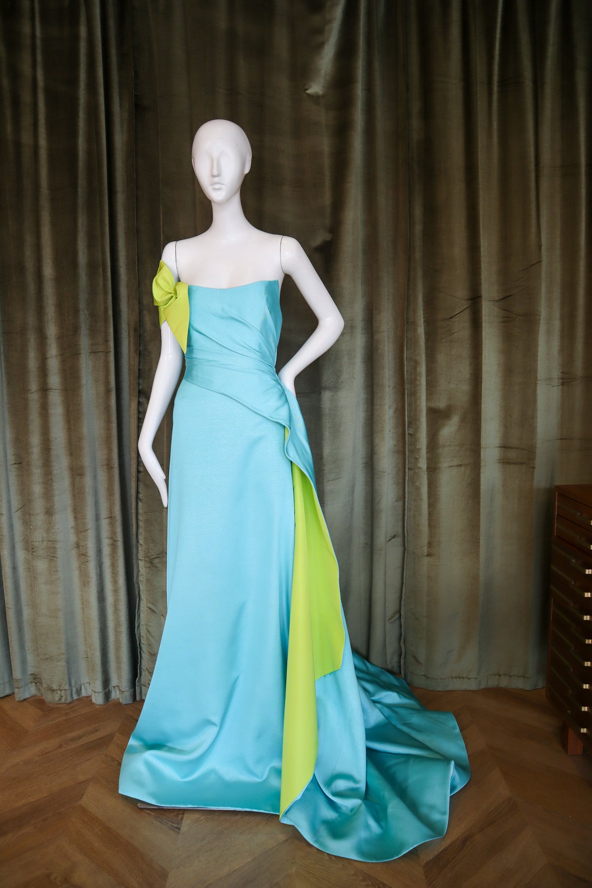 Caron Gown | Silk Faille | Aqua with Chartreuse
