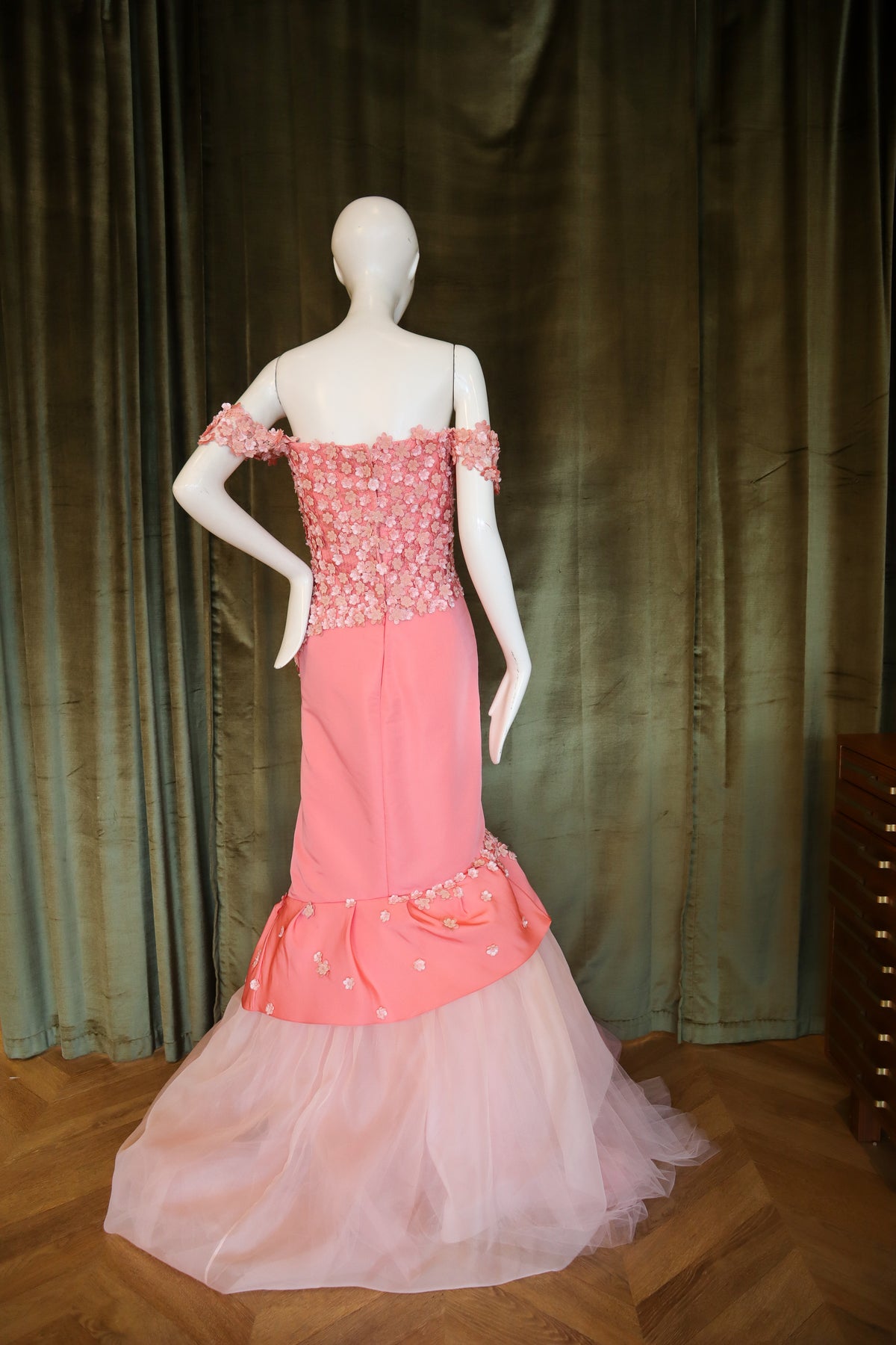 Fraise Gown | Silk Faille | Salmon with Floral Beading
