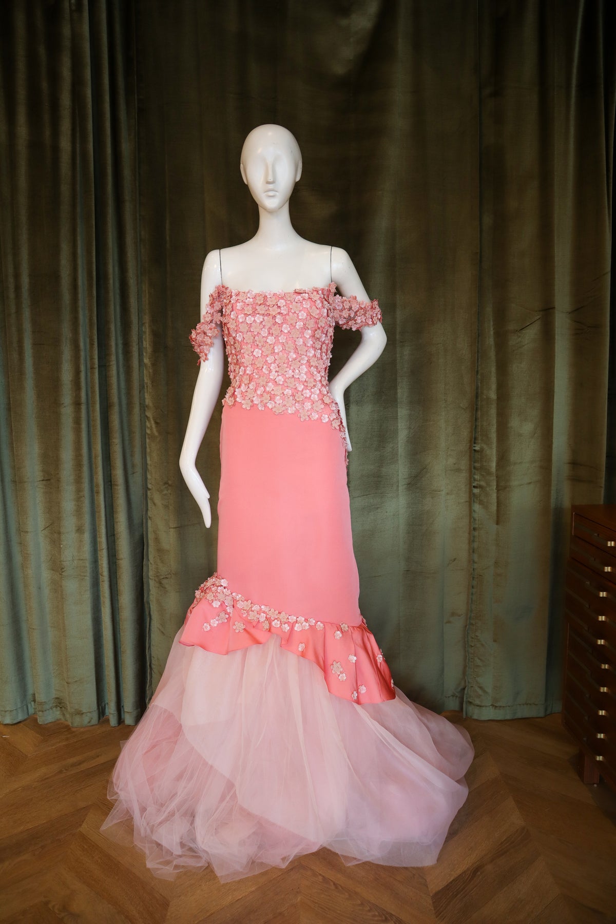 Fraise Gown | Silk Faille | Salmon with Floral Beading