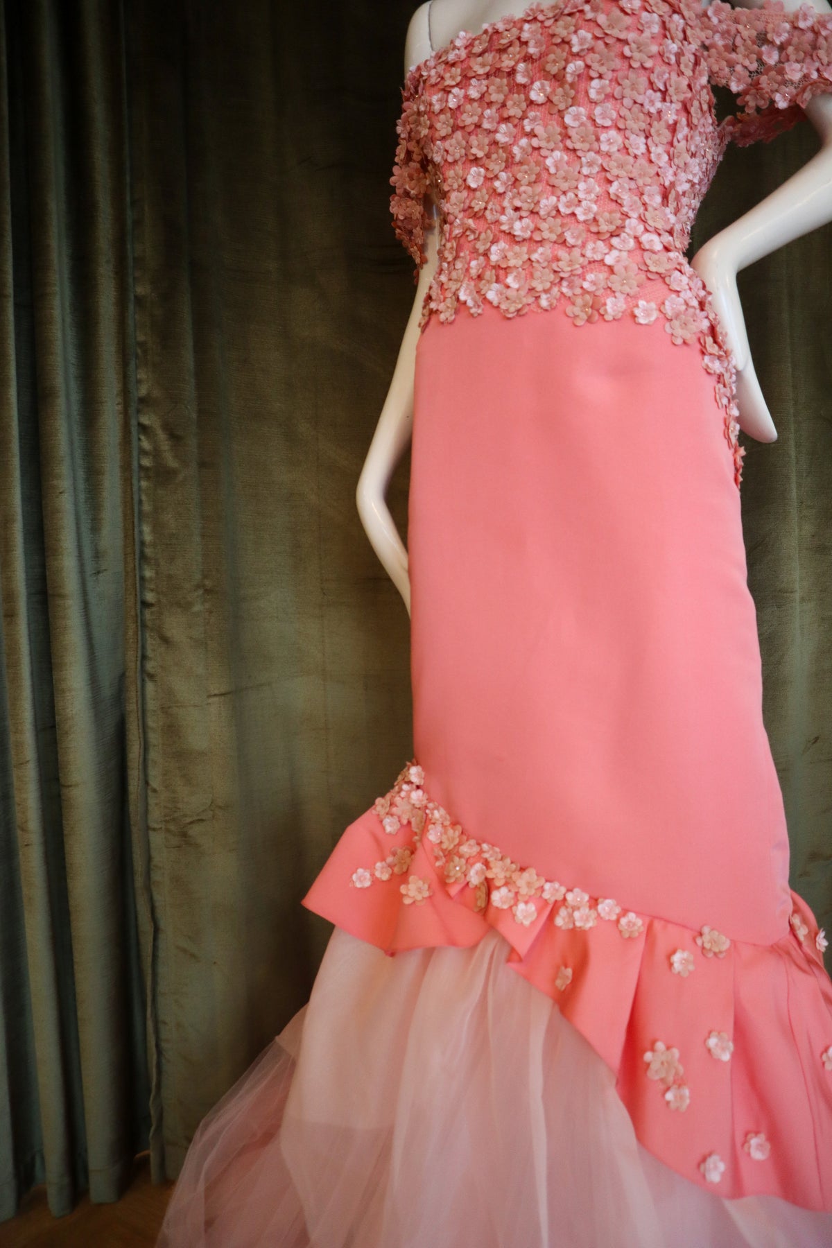 Fraise Gown | Silk Faille | Salmon with Floral Beading