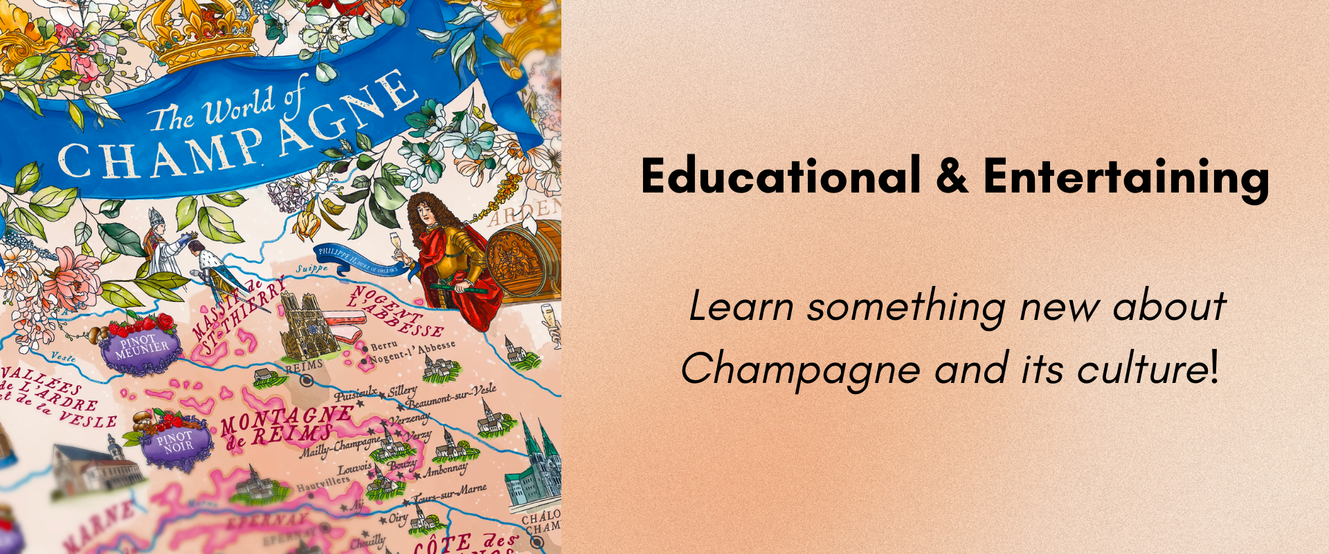 The World of Champagne, beige colored background that shows the puzzle is educational & entertaining