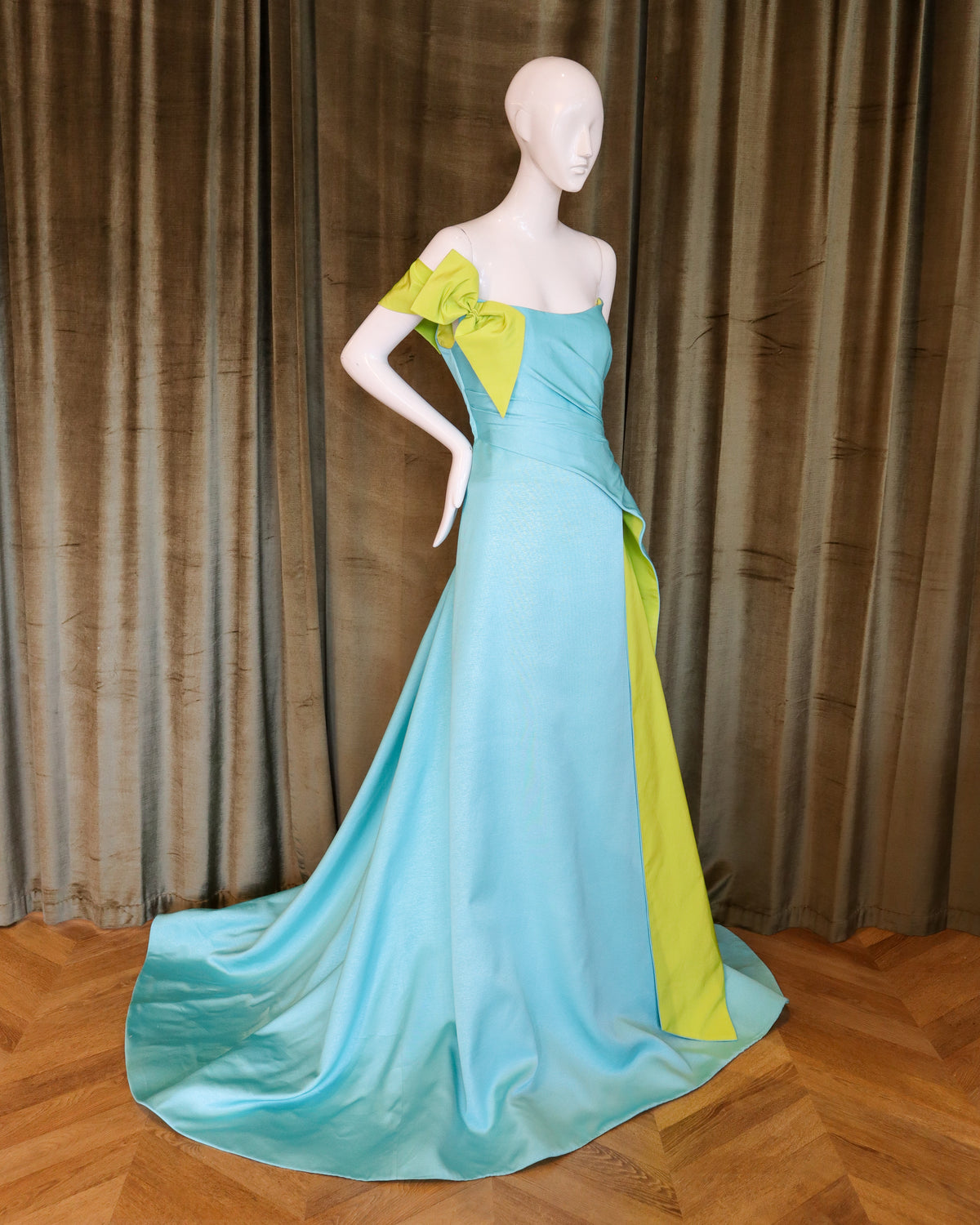 Caron Gown | Silk Faille | Aqua with Chartreuse