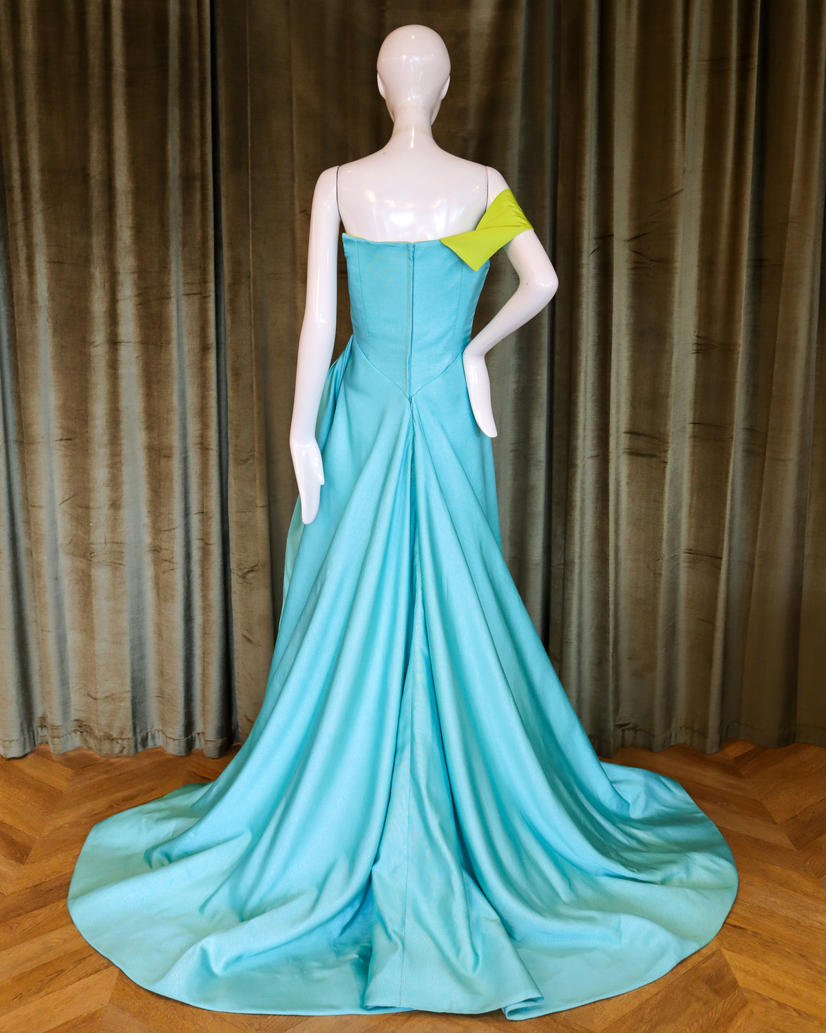 Caron Gown | Silk Faille | Aqua with Chartreuse
